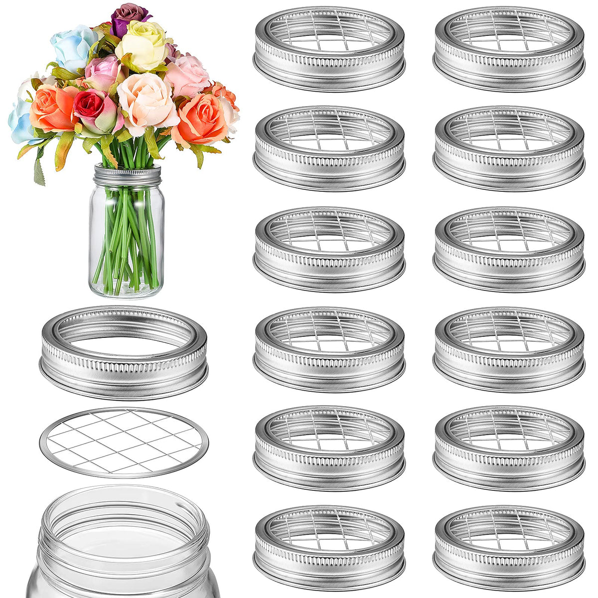 Geiserailie Mason Flower Jar Holder Lid Metal Flower Lid Insert Mason Grid Flower Organizer Lid Insert For Regular Mouth Mason C