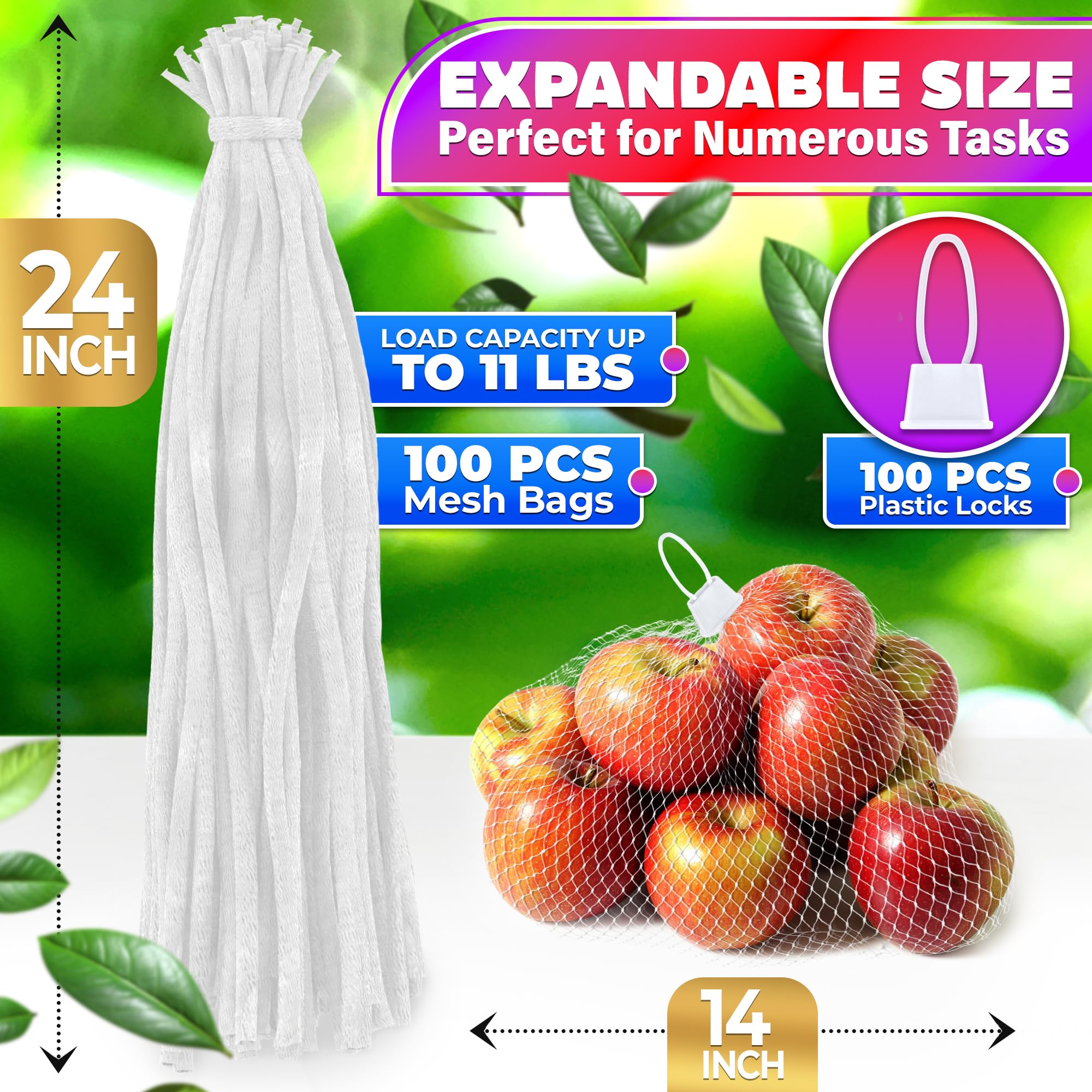 100Pcs Plastic Mesh Bags Drawstring Storage Bag - 24'' Fruit and Vegetable Storage Reusable Mesh Produce Bags Onion Net Bags Drawstring - Vegetable Bags Grocery Reusable Produce Bags Mesh Storage Bags