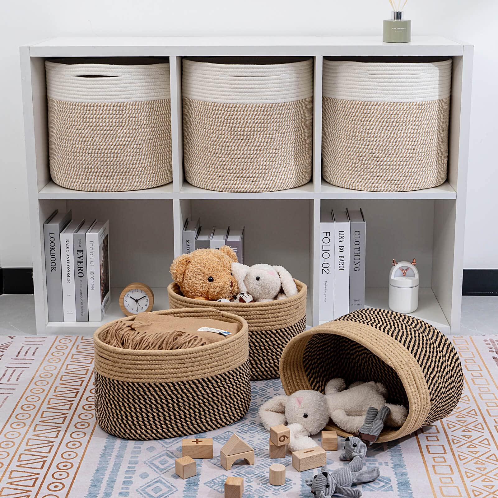 CubesLand Cube Shelf Closet Storage Baskets Bins Set 3  Woven Basket for Organizing/Storage  Long-lasting &Skin-friendly Storage Basket Bin Stylish Room Decor Basket Camel/Mixed Black Rope Basket