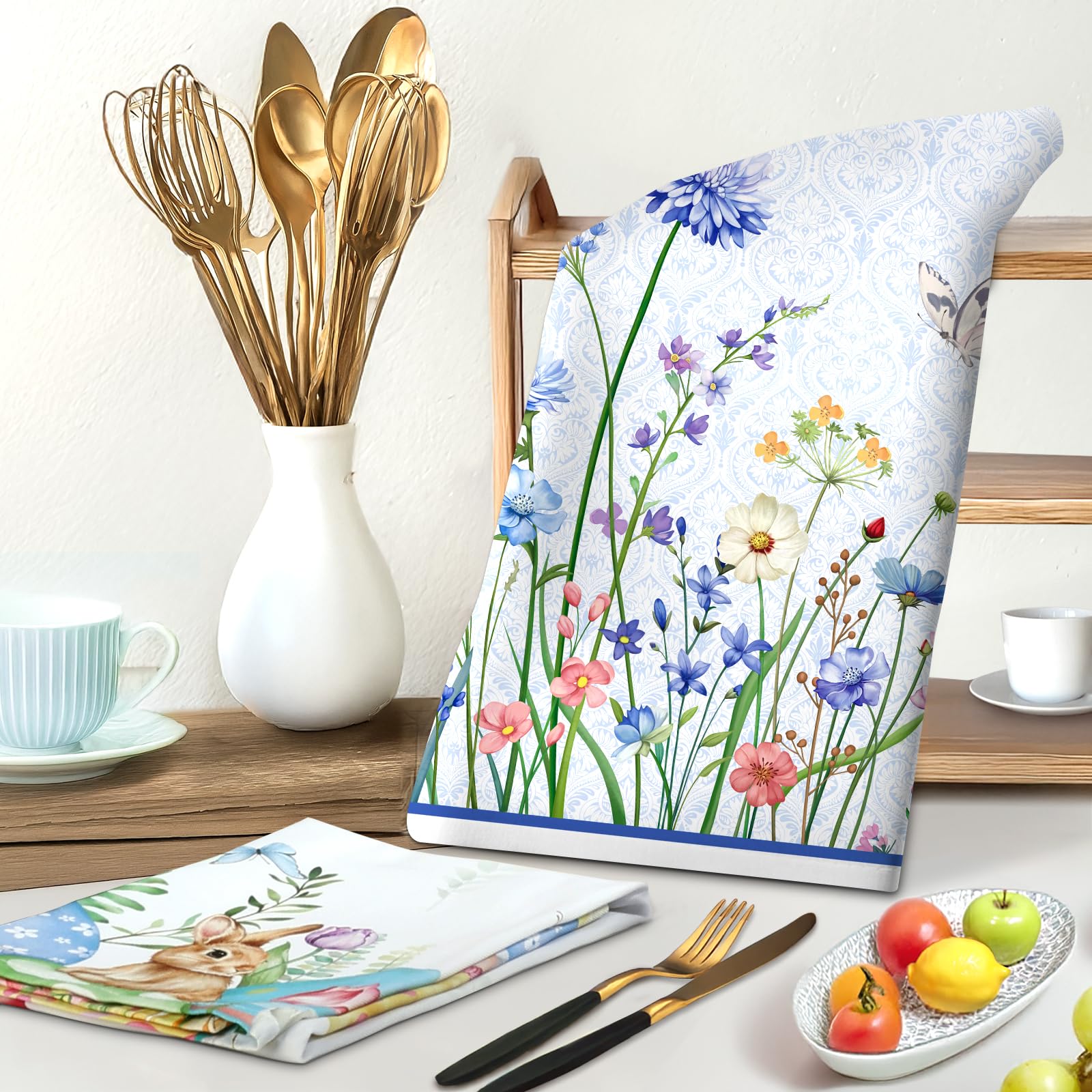 Arquiel Blue Wildflower Tea Towels, Cotton Kitchen Towel 18.9    27.5 Inch, Quick Drying Dish Cloth For Party Anniversary Holida