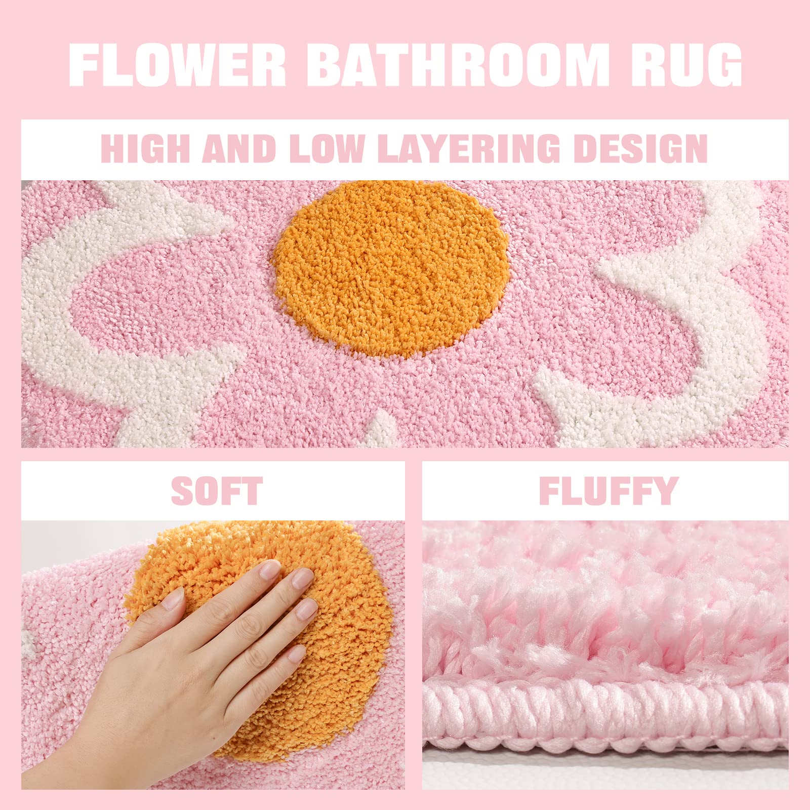 Truedays Cute Pink Flower Bath Mat, Machine Washable Bath Rug, Ultra Soft And Fluffy Bathroom Mat, Small Round Non-Slip Water Ab