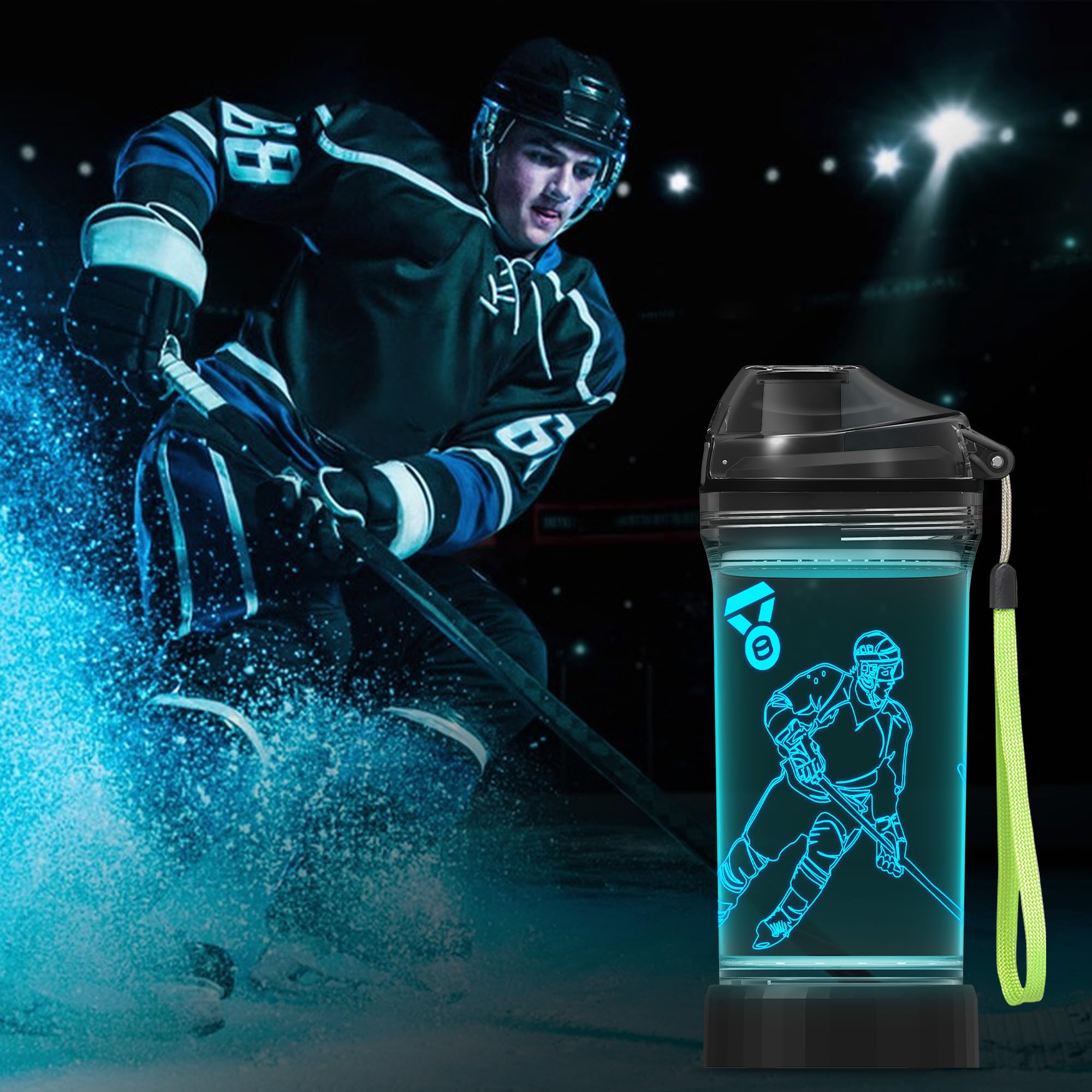 CoolGift Mart Hockey Gifts, Light Up 3D Hockey Player Water Bottle, 14oz Tritan BPA Free - Best Gift for 4 5 6 7-Year-Old Boys G