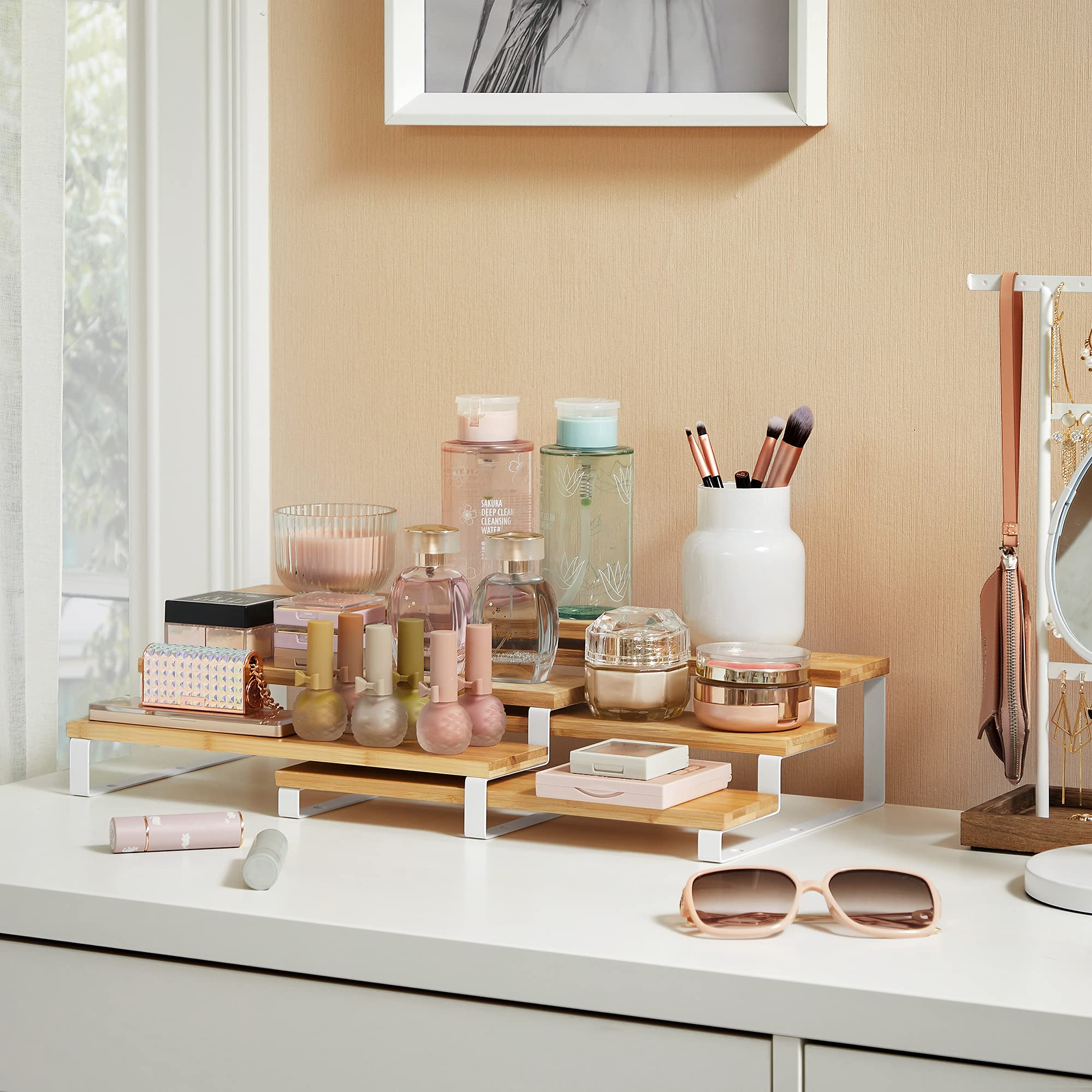 SONGMICS Spice Rack, Set of 2 Bamboo Expandable Display Shelf, 3 Tier Spice organization for cabinet, Tiered shelf organizer for