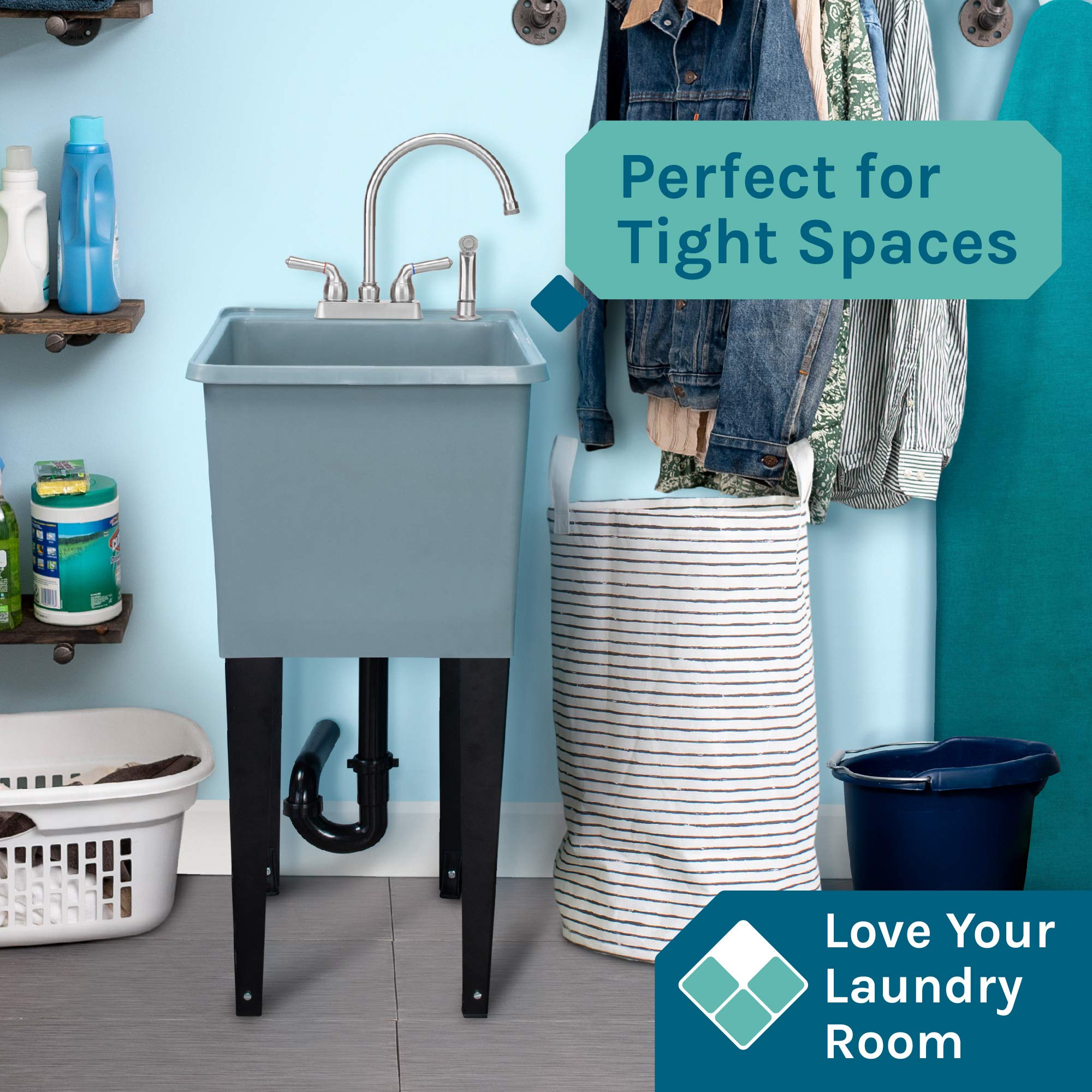 Grey Space Saver Utility Sink By Js Jackson Supplies, Freestanding Tehila Space Saving Laundry Tub, Stainless Steel Gooseneck Fa