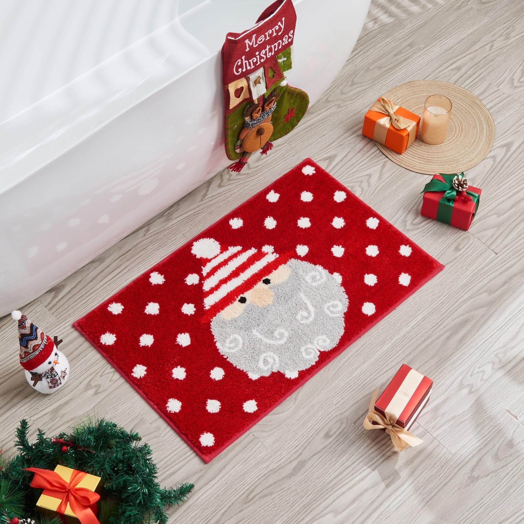 Douceur Christmas Santa Bathroom Rugs, Cute Red Bath Mat, Christmas Bathroom D Cor Non Slip Bath Rugs, Soft And Absorbent Washab