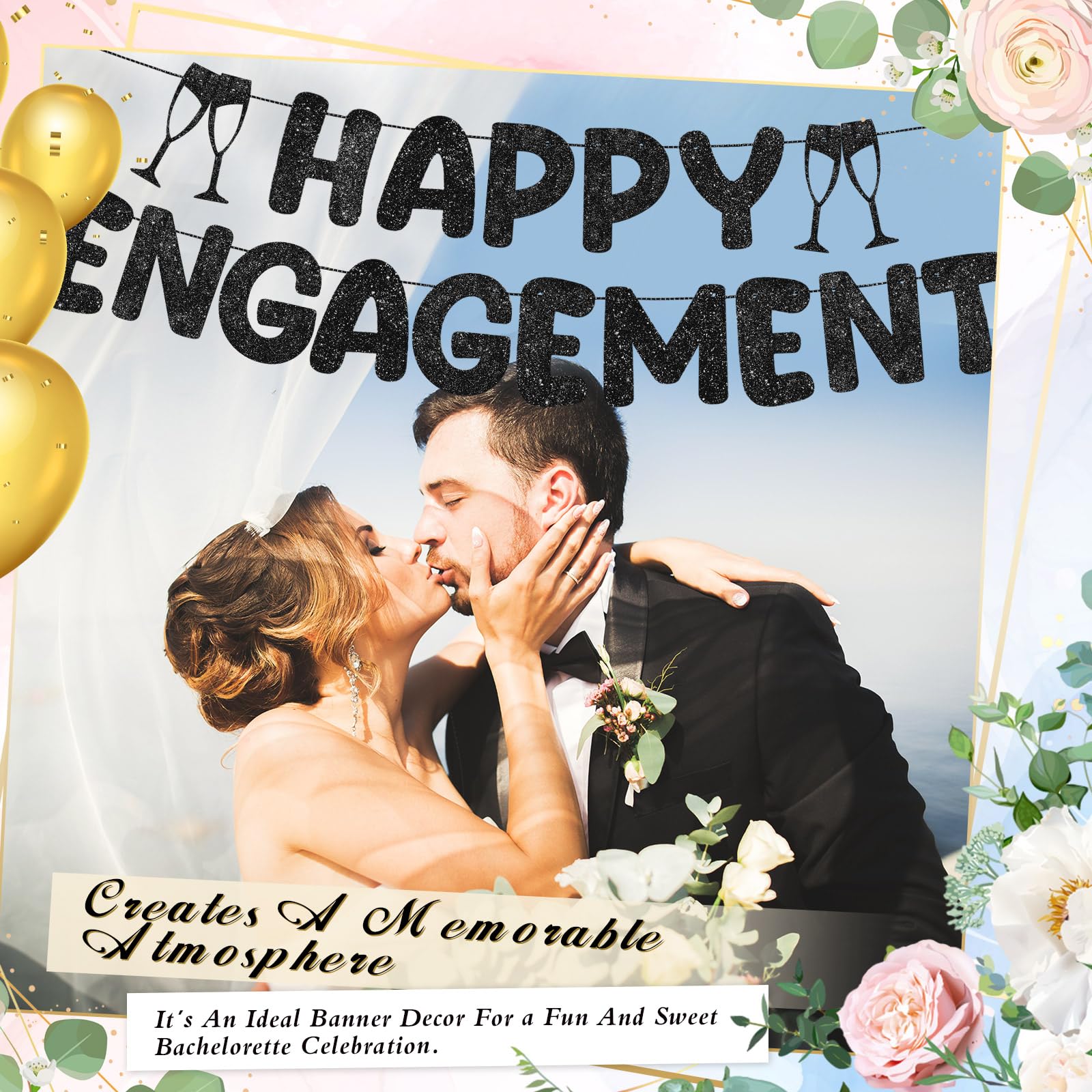 Breling Pre Strung Happy Engagement Banner Glitter Engagement Party Decorations for Congratulations Engaged Wedding Shower Signs