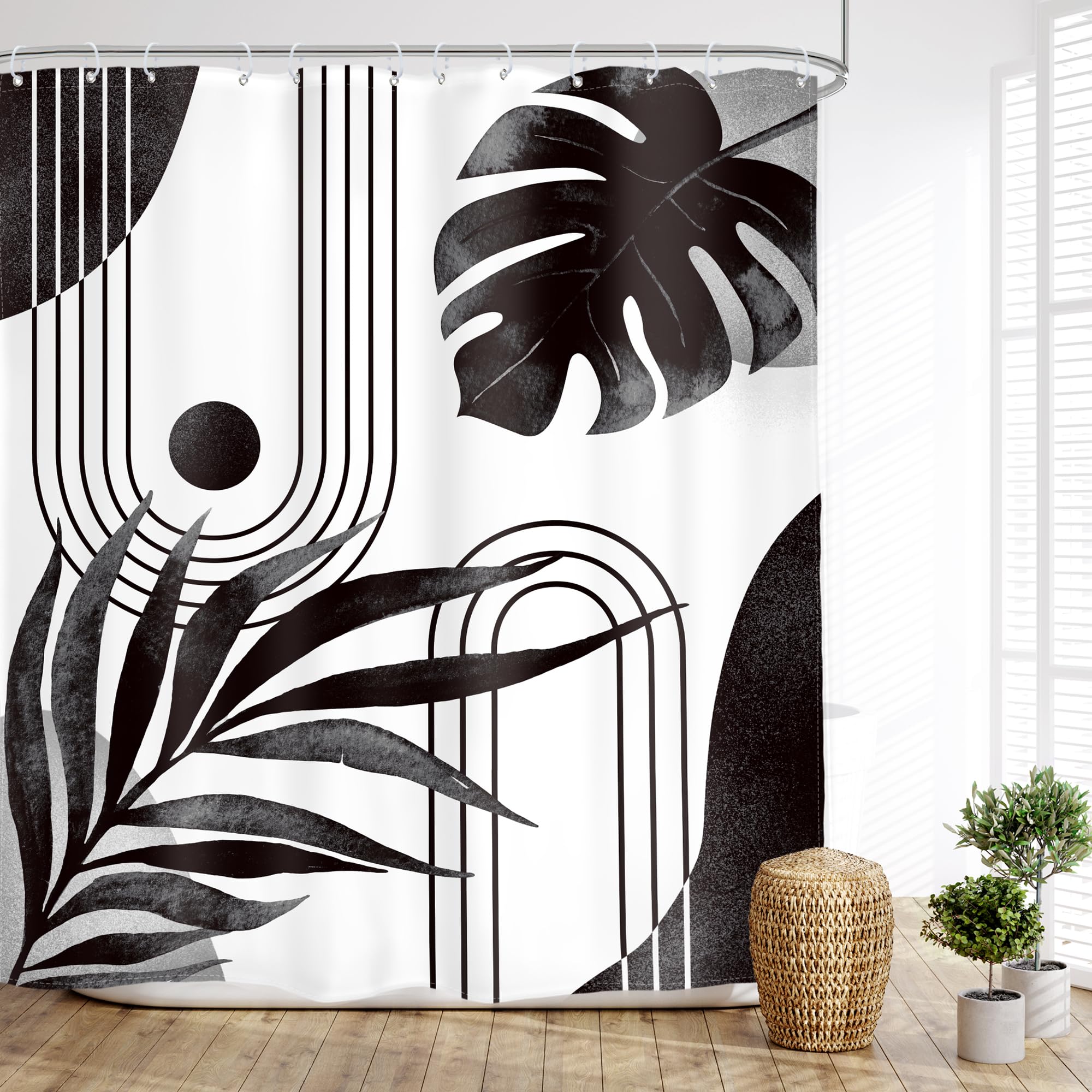 Glawry Boho Black White Shower Curtain Mid Century Abstract Tropical Palm Leaf Modern Minimalist Plant Botanical Bathroom Geomet