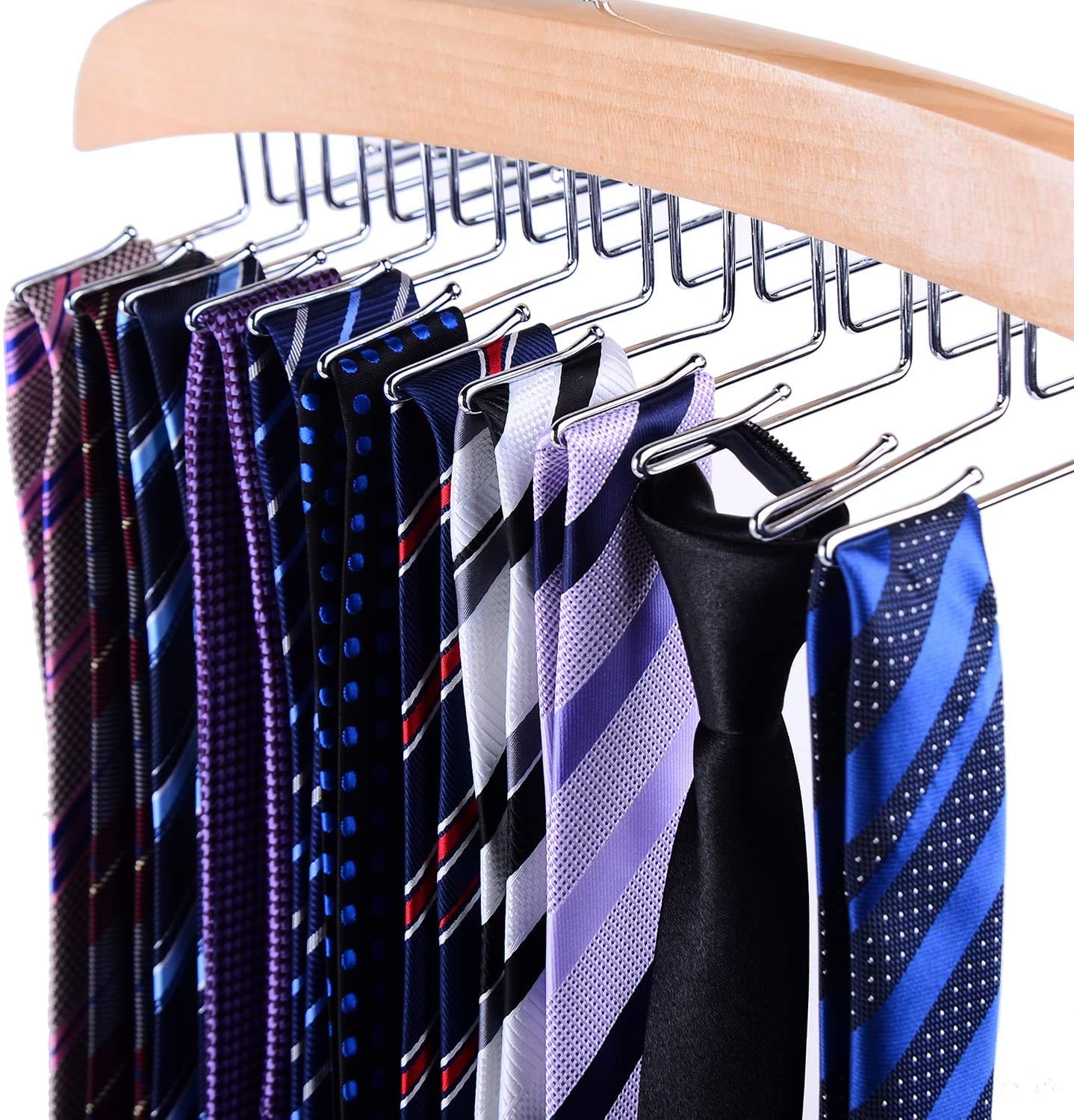 Tie Rack Hanger For Closet, Ohuhu Wooden Tie Organizer 360 Degree Rotating Tie Holder With 24 Folding Hooks, Tie And Belt Storag