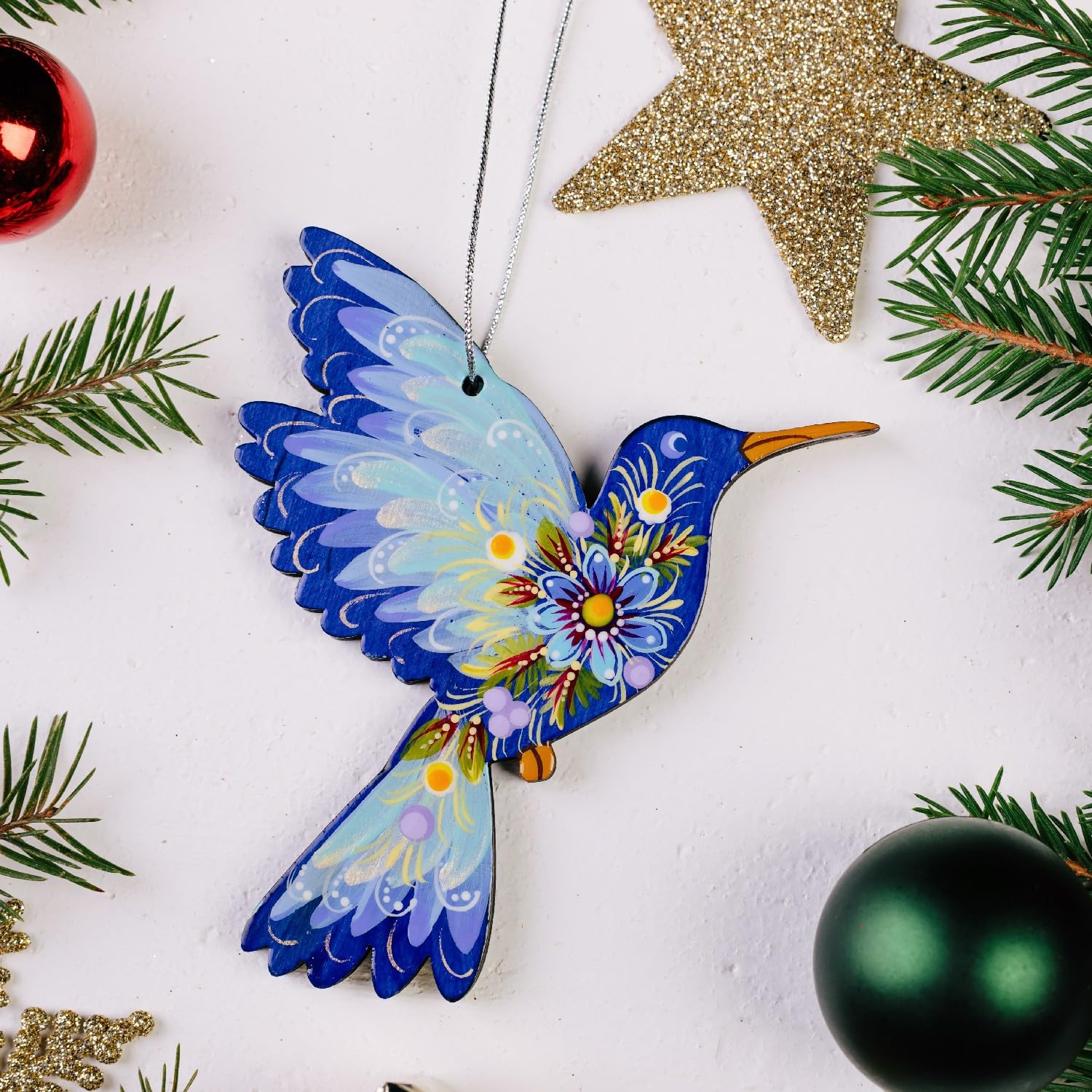 Humminbird Christmas Ornament Made of Wood Hand-Painted Ukrainian Folk Art - Petrykivka Painting