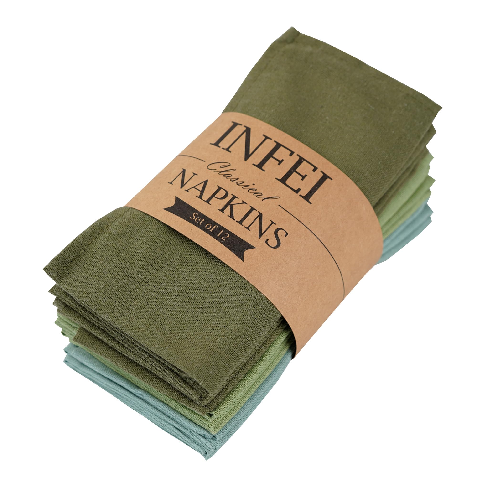 Infei Solid Color Cotton Linen Blended Thin Dinner Cloth Napkins - Set Of 12 (40 X 40 Cm) - For Events & Home Use (Multi Green)