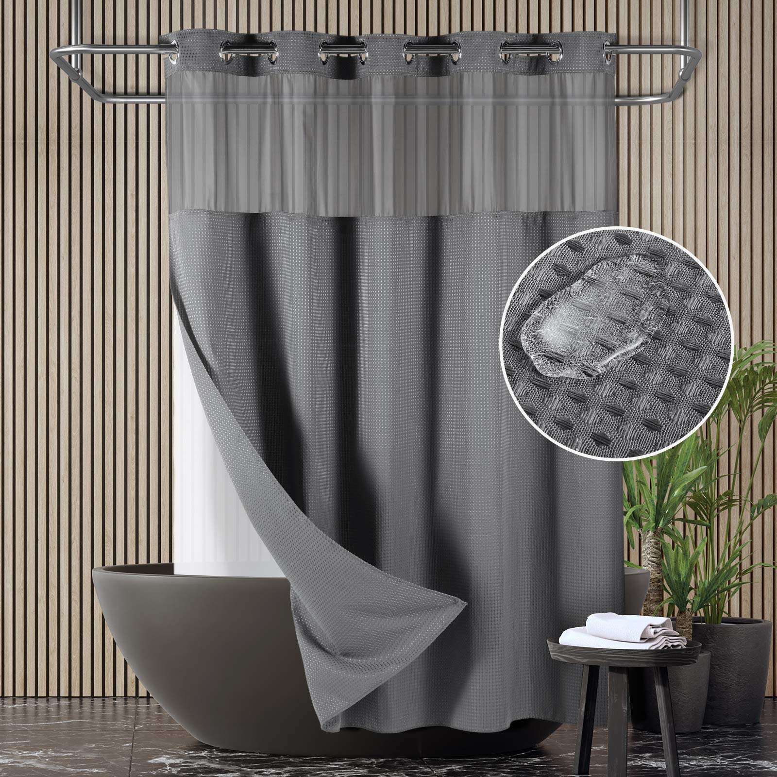 Lagute SnapHook Waffle Weave Fabric Hook Free Shower Curtain with Snap-in Liner, Heavy Duty Bath Curtain with See Through Top, H