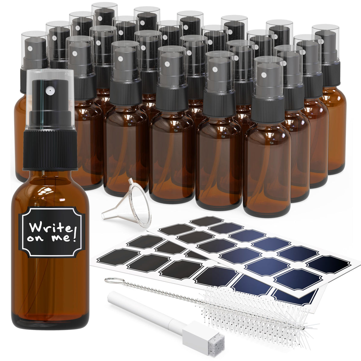 Nevlers 24 Pack Amber 1 Oz Glass Spray Bottle | The Amber Misting Glass Bottles Includes Sprayers & A Funnel And Brush With Bonu