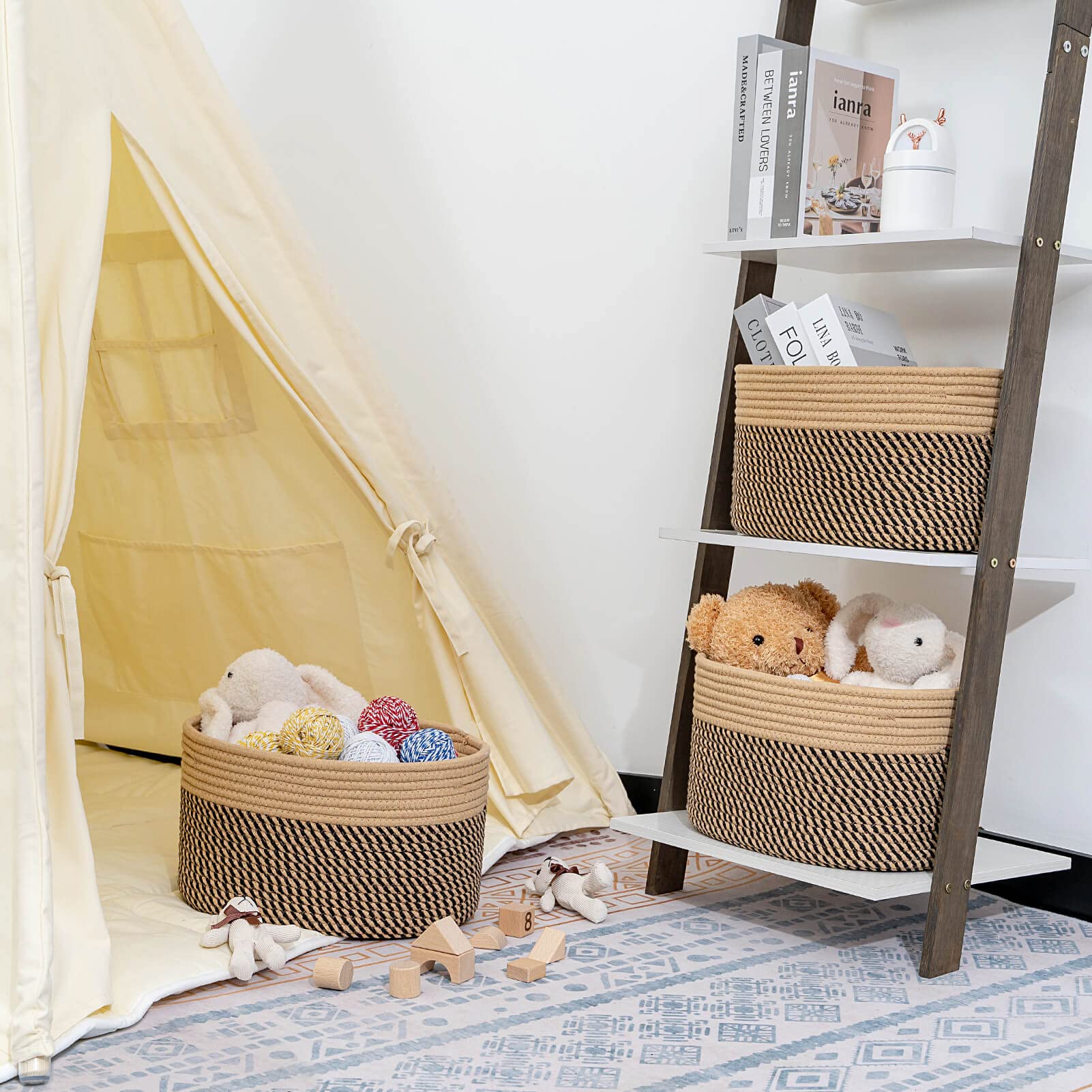 CubesLand Cube Shelf Closet Storage Baskets Bins Set 3  Woven Basket for Organizing/Storage  Long-lasting &Skin-friendly Storage Basket Bin Stylish Room Decor Basket Camel/Mixed Black Rope Basket