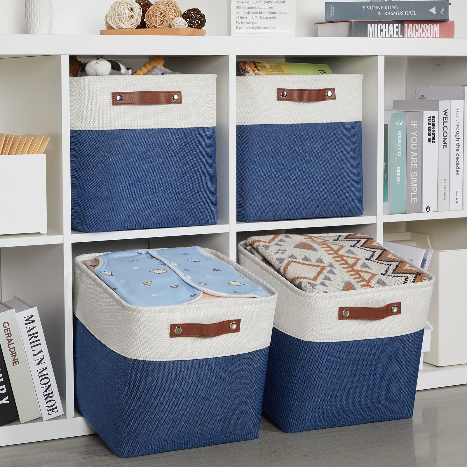 HNZIGE Fabric Storage Basket(4 Pack ) Linen Baskets for Organizing 12x12 Storage Bins for Shelves Towels Blankets Toys with Leather Handles(White&Blue)