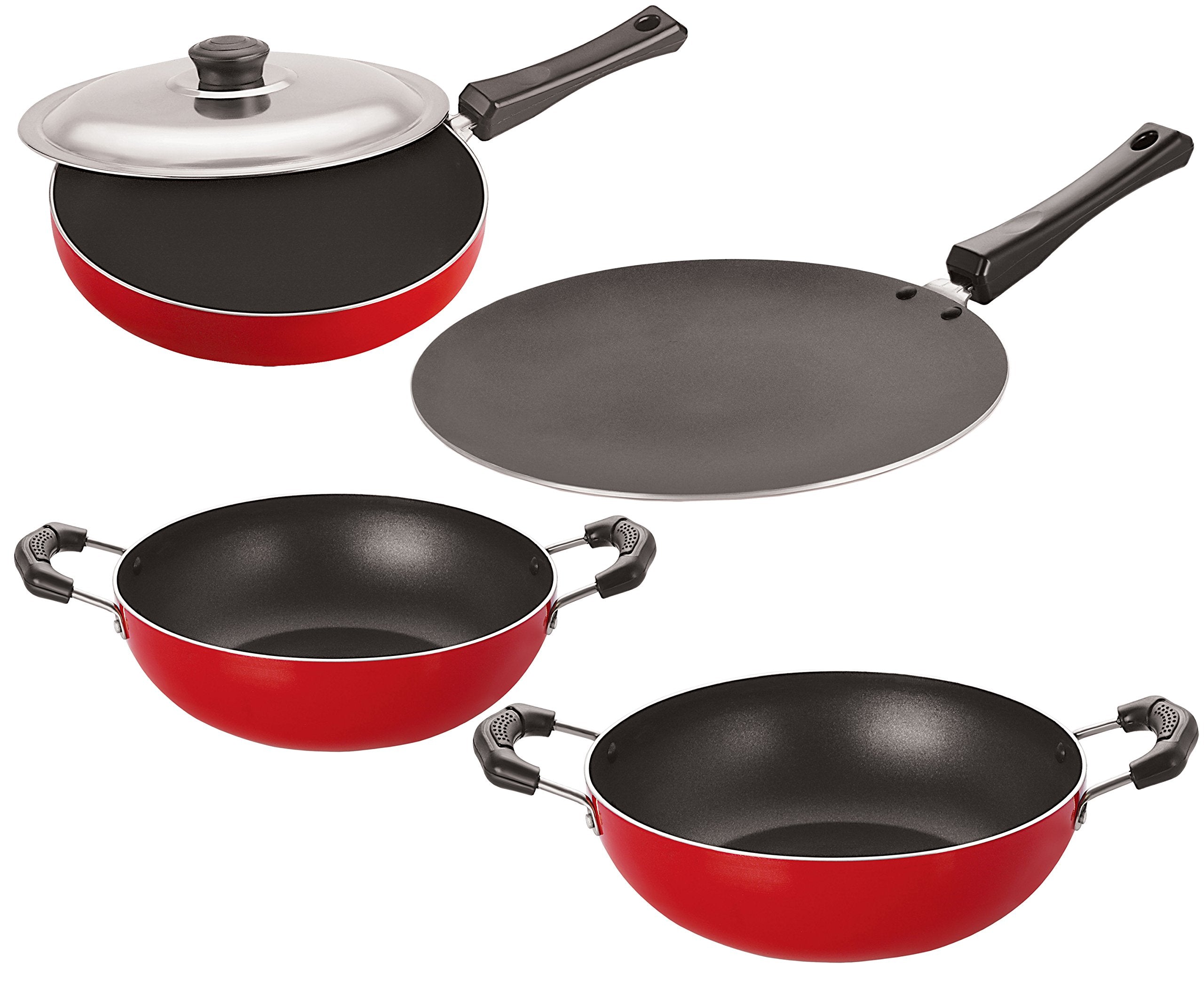 Nirlon NonStick Aluminum Cookware Set, 4Piece, Red And Black (Ct11_Fp13_Kd10_Kd11)