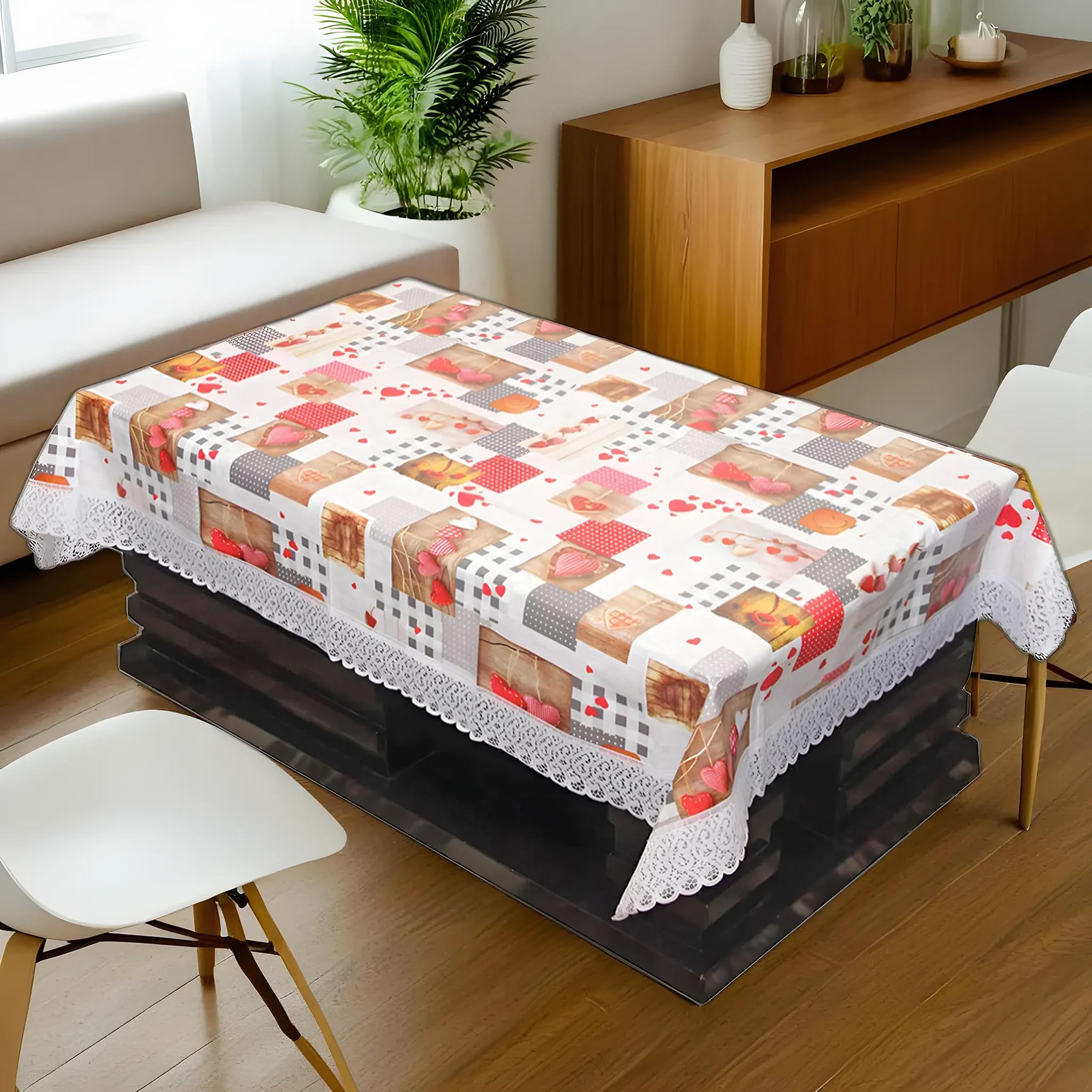 Kuber Industries Checkered Pvc 6 Seater Dining Table Cover - Cream