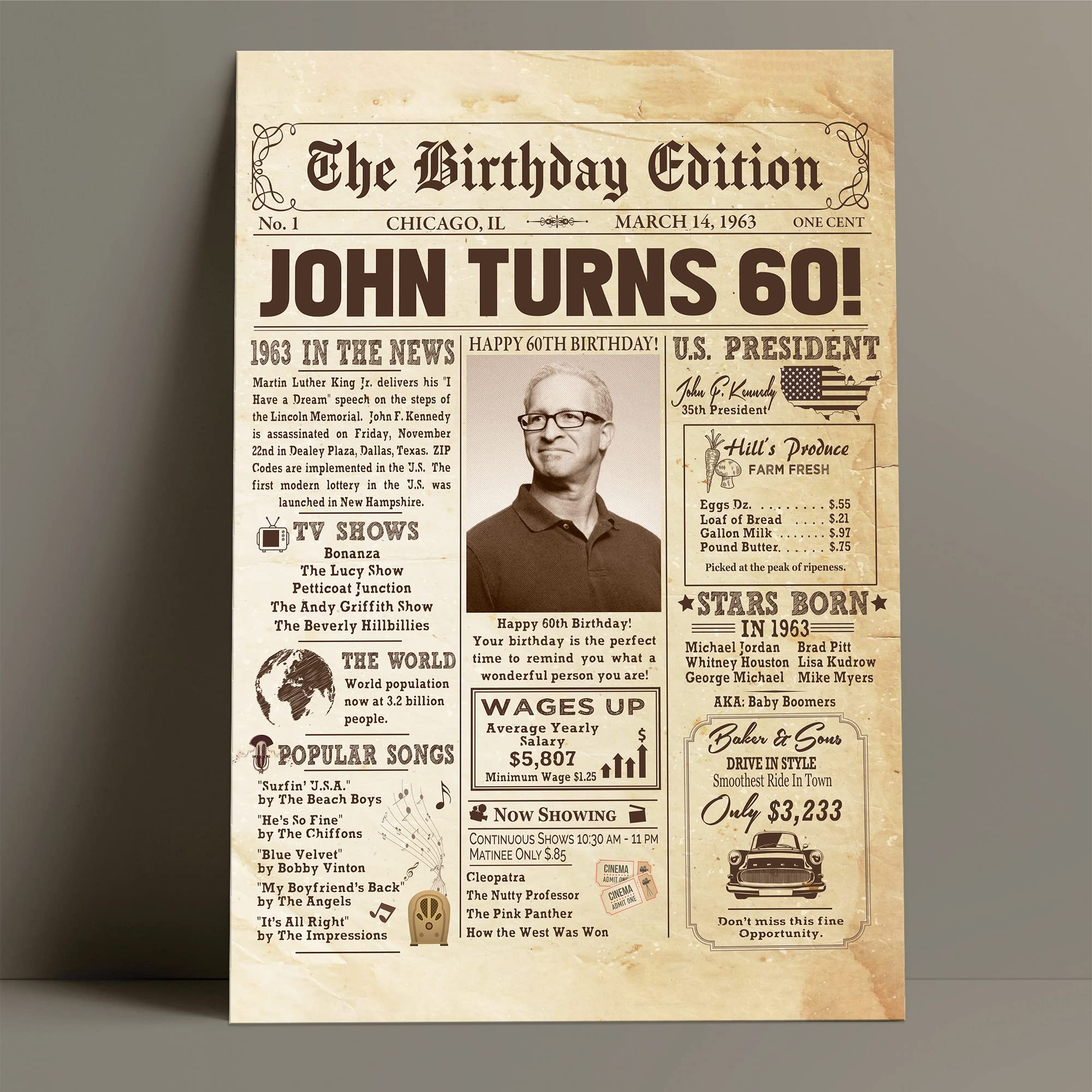 Personalized 60Th Birthday Newspaper Poster No Frame, Canvas Back In 1963 Gifts Idea Birthday, Anniversary, Custom Photo Birthda