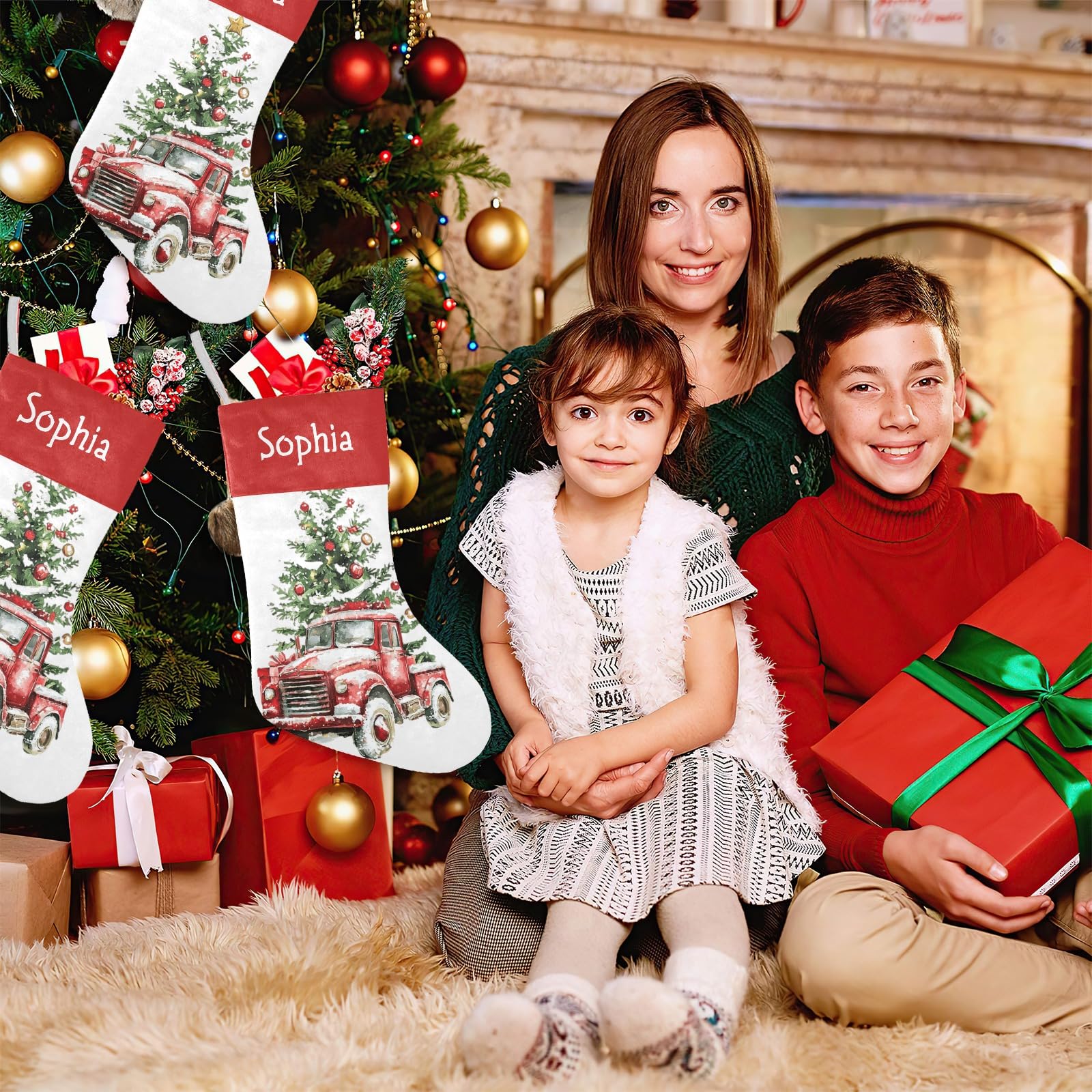 Personalized Name Christmas Trucks with Tree Christmas Stockings Text Custom Xmas Holiday Pup Dog Gift Decor 17.52 x 7.87 Inch