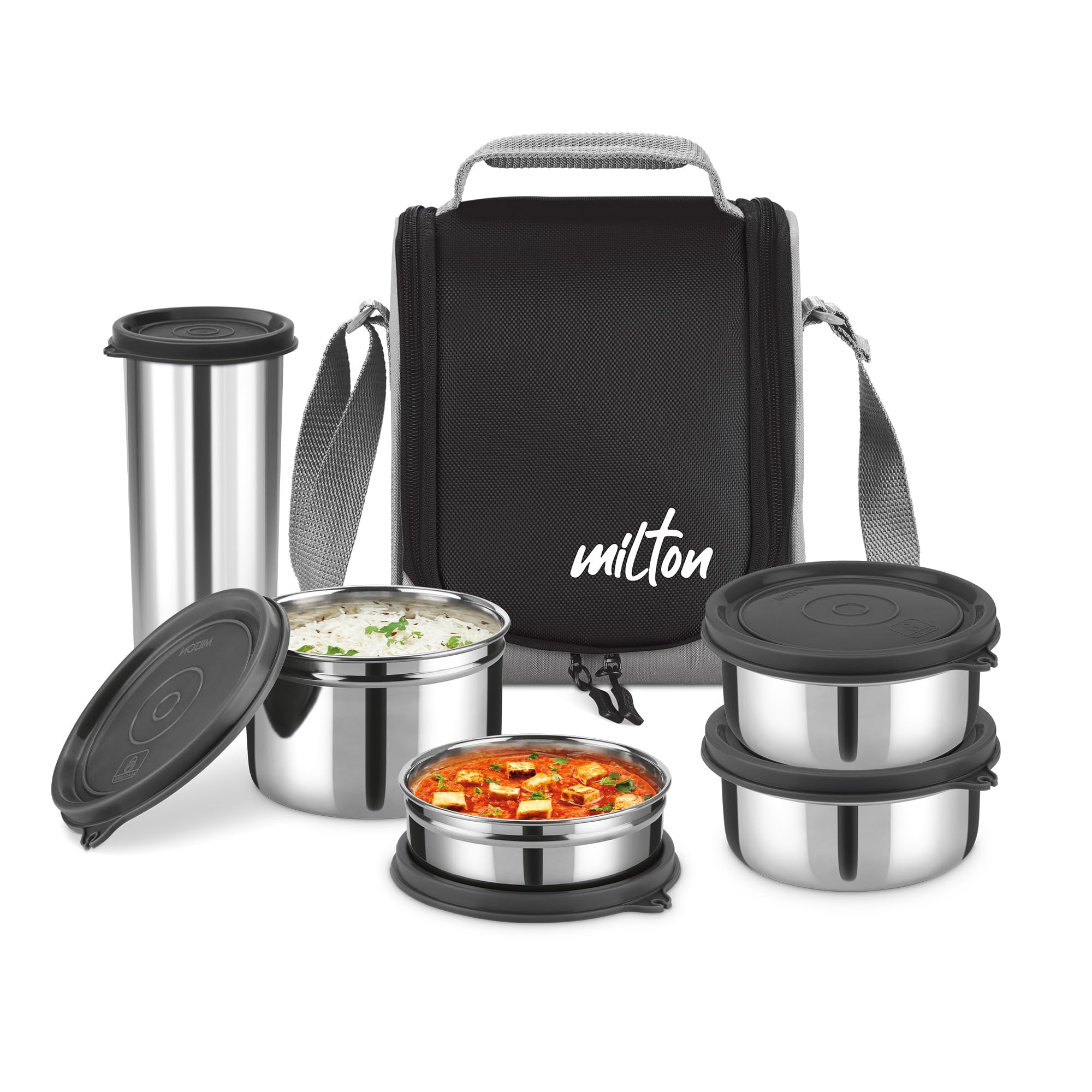 Milton Tasty 4 Insulated Stainless Steel Combo Lunch Box, 4 Containers (1-200 Ml, 2-350 Ml Each, 1-500 Ml), And 1 Tumbler, 500 M