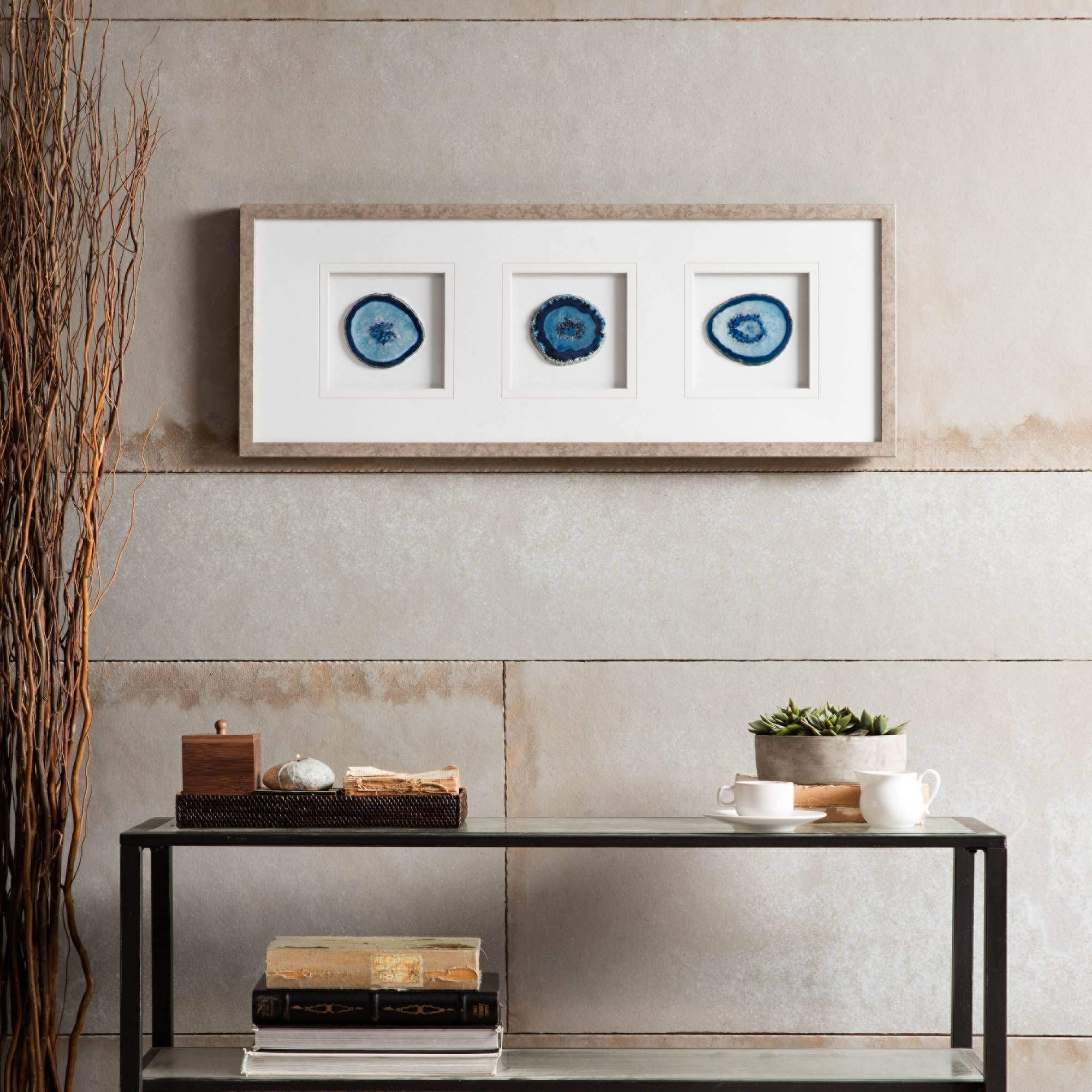 Madison Park Genuine Agate Wall Art Living Room D  Cor - Glass Framed 4 Inch Real Geode Stone Modern Lifestyle Entry Way Decorat