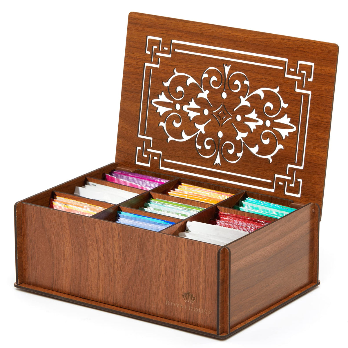 Royalhouse Premium Wood (Hard Mdf) Tea Storage Box Organizer (Brown), Eco-Friendly Multi-Functional Decorative Box, 9 Compartmen