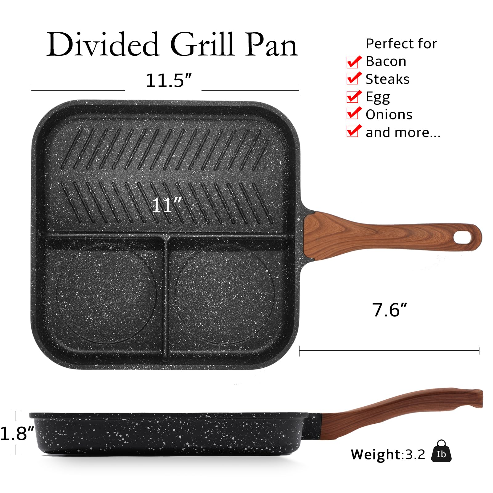 ESLITE LIFE Nonstick Divided Grill Pan for Stove Tops  11 Inch 3-Section Granite Coating Breakfast Grilling Skillet  Compatible with Gas  Electric & Induction  PFOA Free  Black