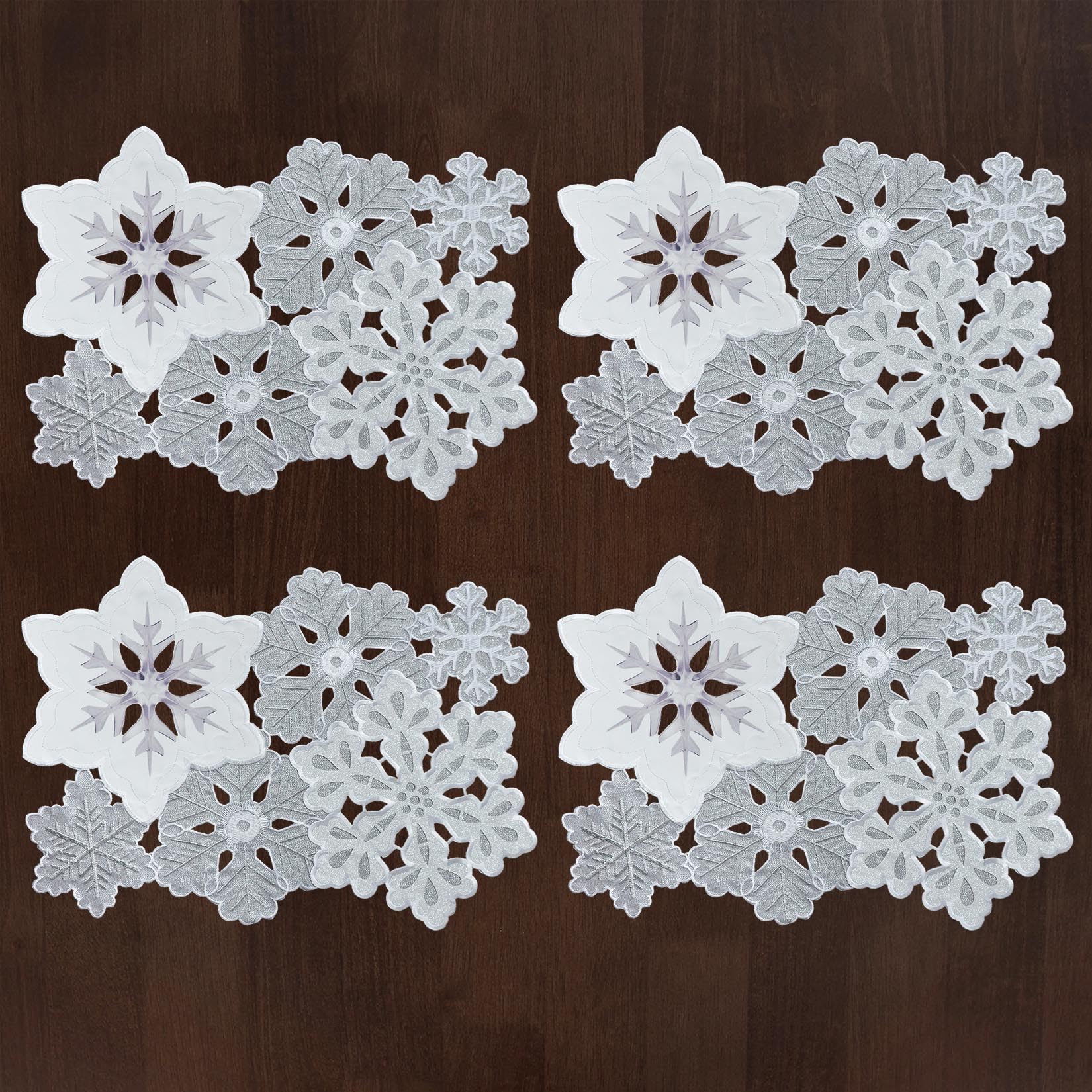 Grelucgo Machine Embroidered And Hand Cut Silver Grey And White Snowflakes Table Placemats For Christmas Holiday (13 X 19 Inches