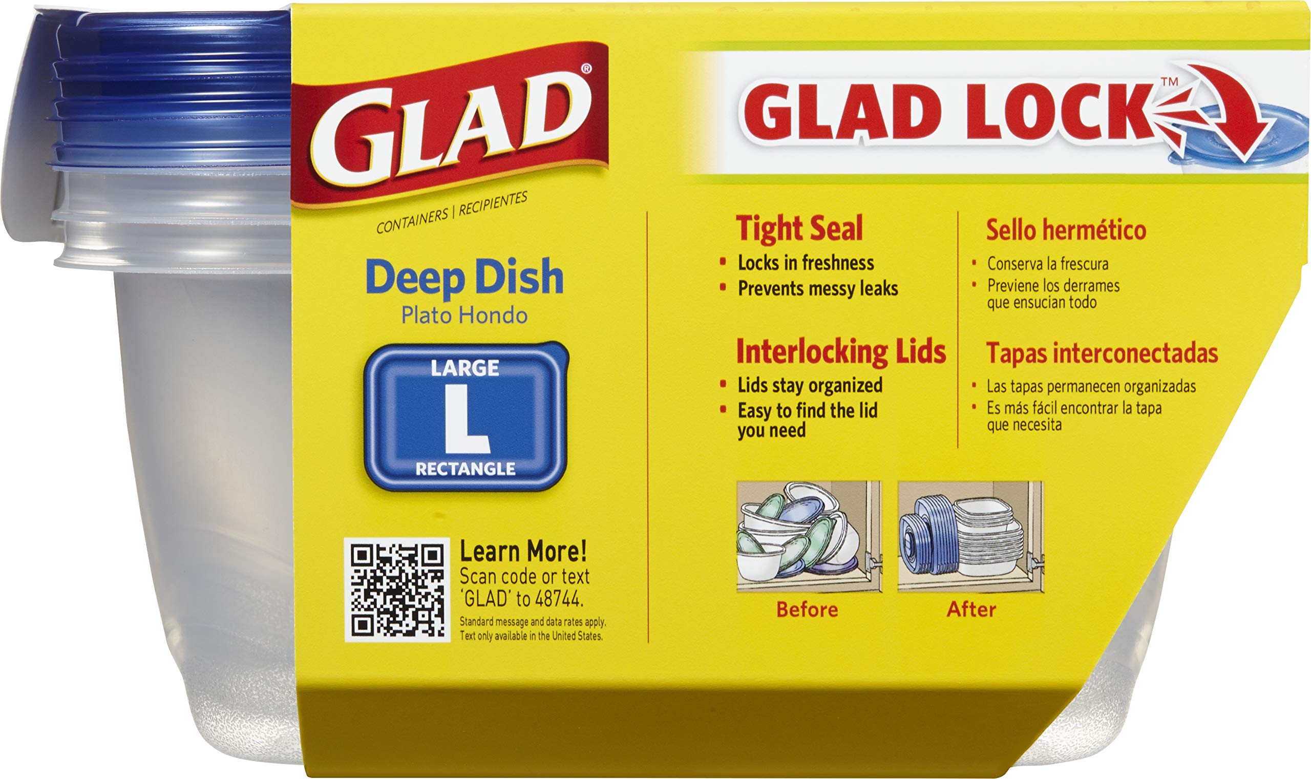 GladWare Deep Dish Food Storage Containers, 64 oz, Plastic, 3 Count, Lock Tight Seal, Large Rectangle