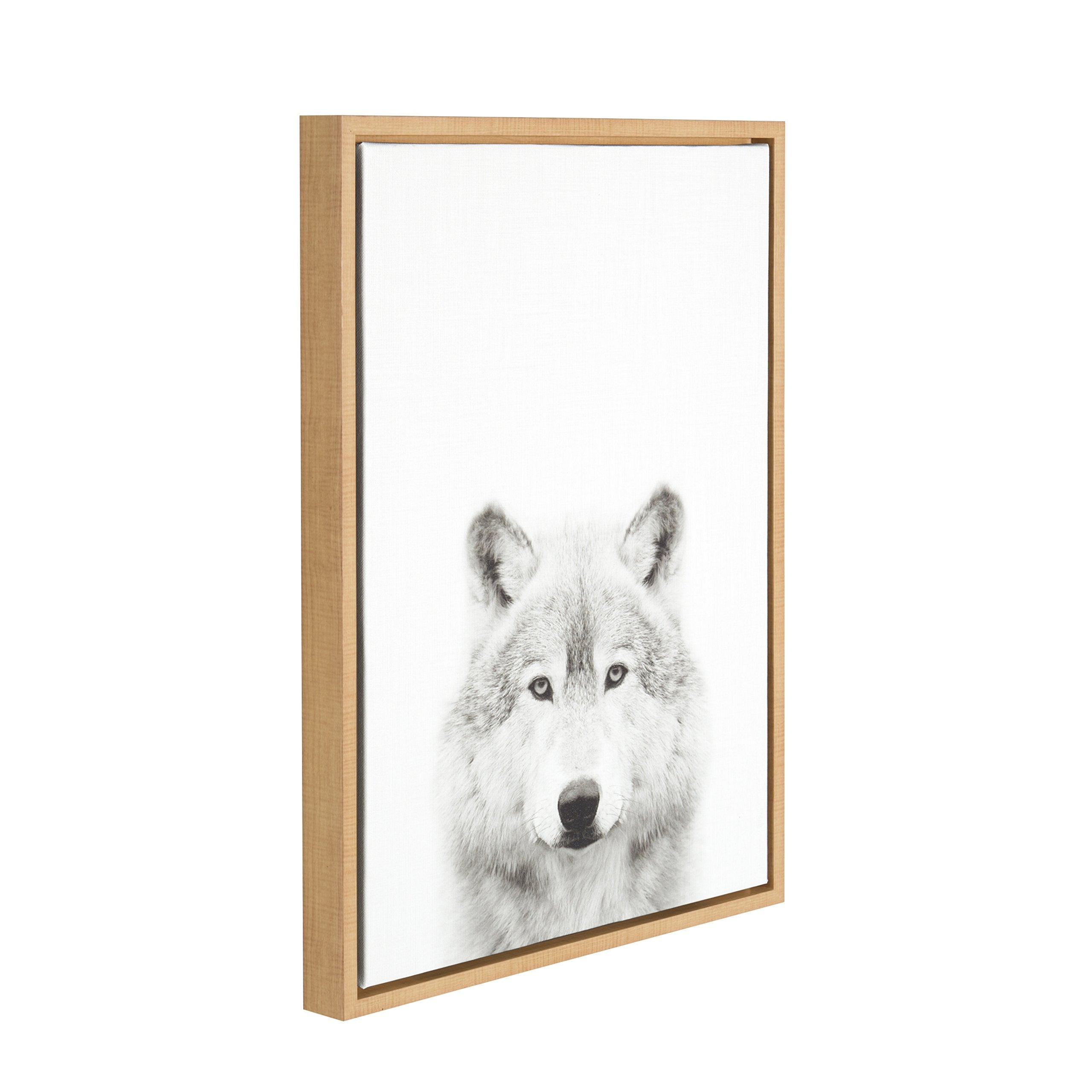 Kate and Laurel Sylvie Wolf Black and White Portrait Framed Canvas Wall Art by Simon Te Tai  18x24 Natural
