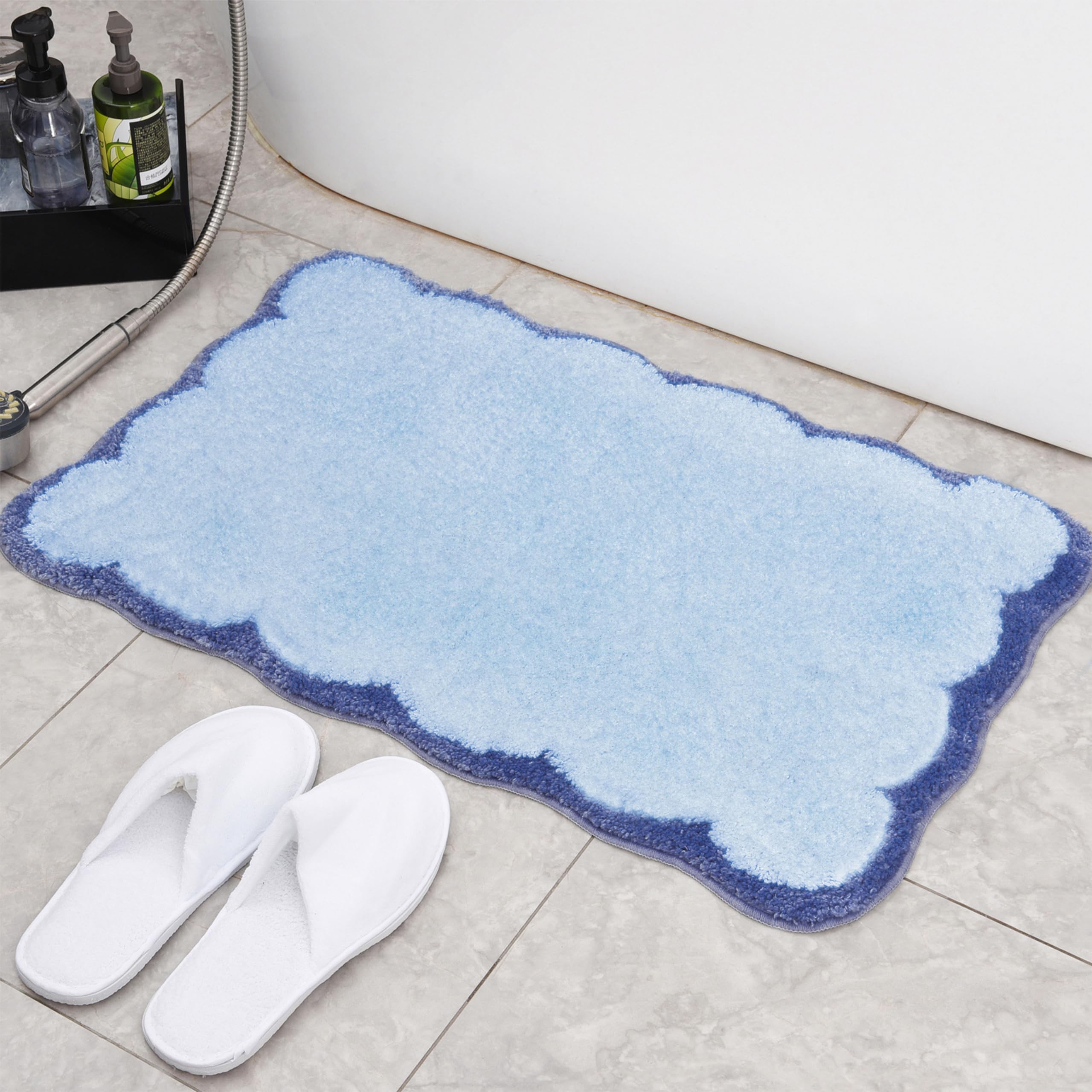 Luxury Microfiber Bathroom Rugs, Navy Scalloped Piping Blue Bath Rug Cute Aesthetic Coastal Nautical Bath Mat For Bathroom, Tub,