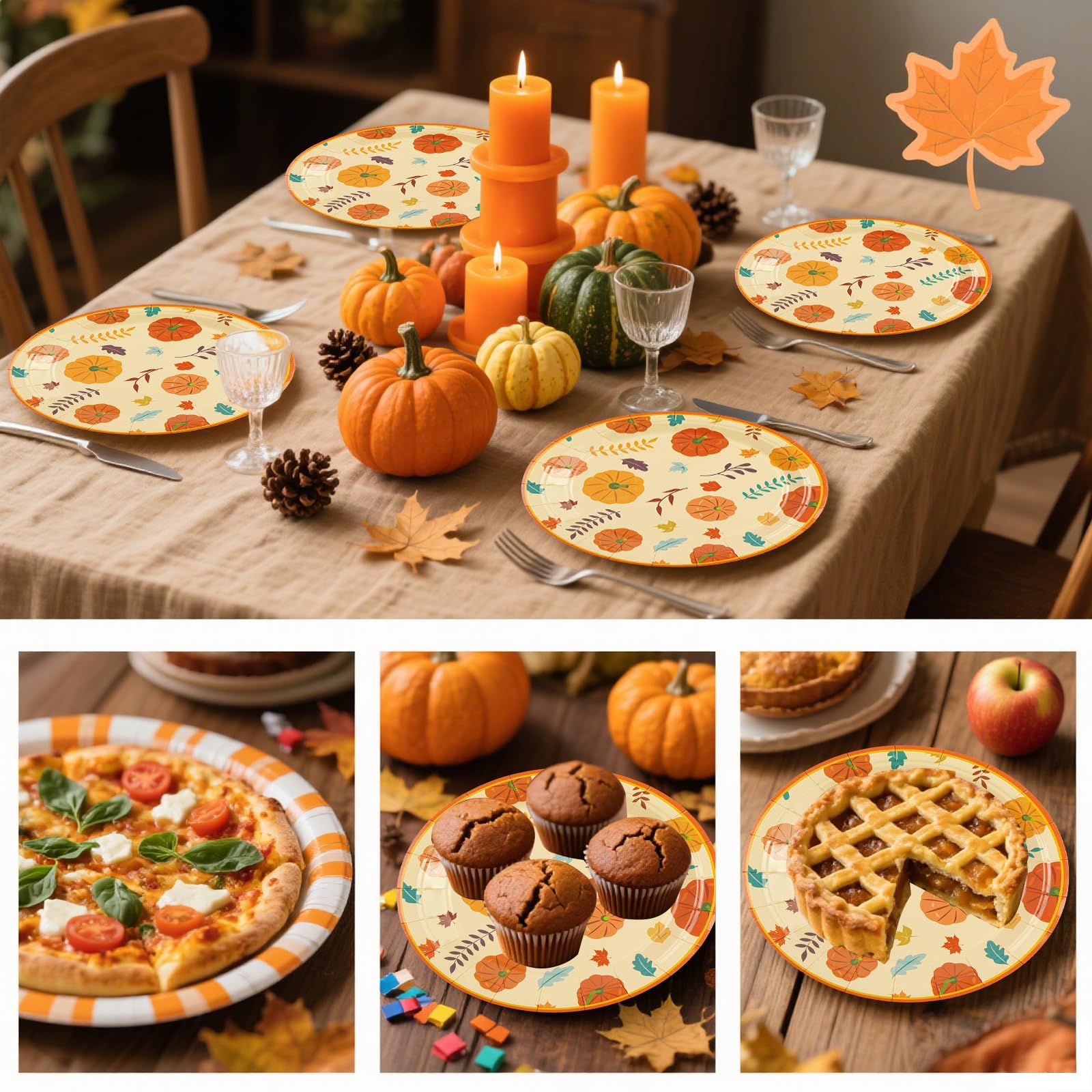 HFBOBP 50 Pack Fall Pumpkin Paper Plates, 7inch Thanksgiving Dessert Plates Autumn Leaves Party Supplies Disposable Tableware Se