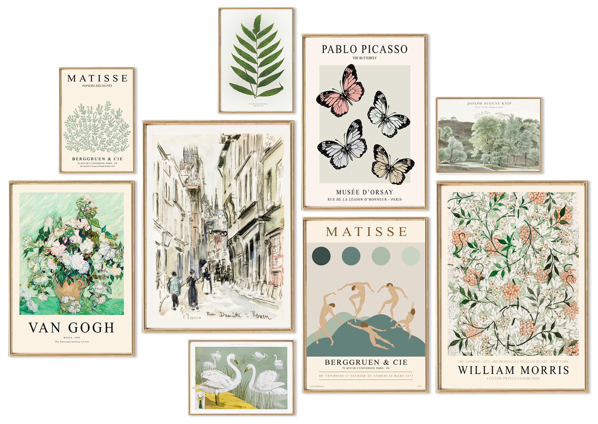Uniro Sage Green Eclectic Wall Art Prints, 9 Pcs Matisse Wall Art Exhibition Posters For Room Aesthetic, Van Gogh William Morris