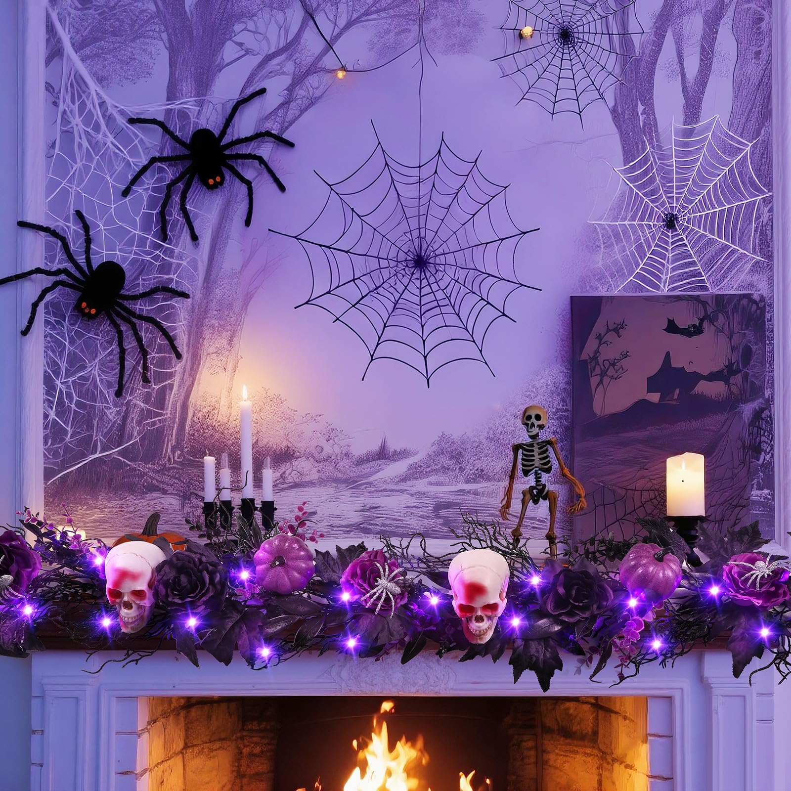 SHareconn 6FT Halloween Garland with Purple Lights Battery Operated and Timer, Pre-Lit Black Maple Leaves Garland Decorations fo