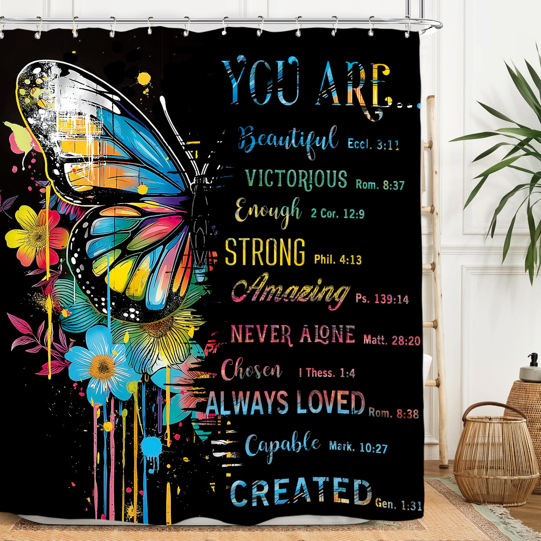 Miyotaa Colorful Butterfly Shower Curtain Set 60Wx71H Inches Quotes Inspirational Motivational Positive Art Bible Waterproof Bat
