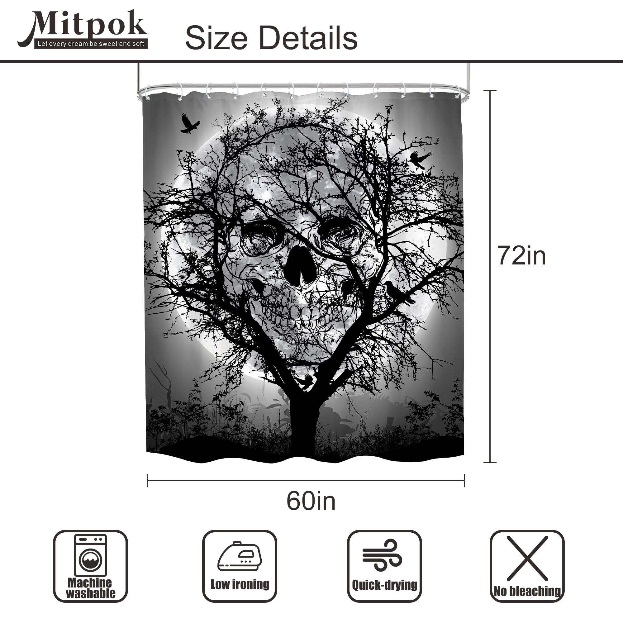 Mitpok Gothic Sugar Skull Shower Curtain 60Wx72H Spooky Skeleton Abstract Bone Cool Witchy Moon Scary Black Trees Bird Woodland