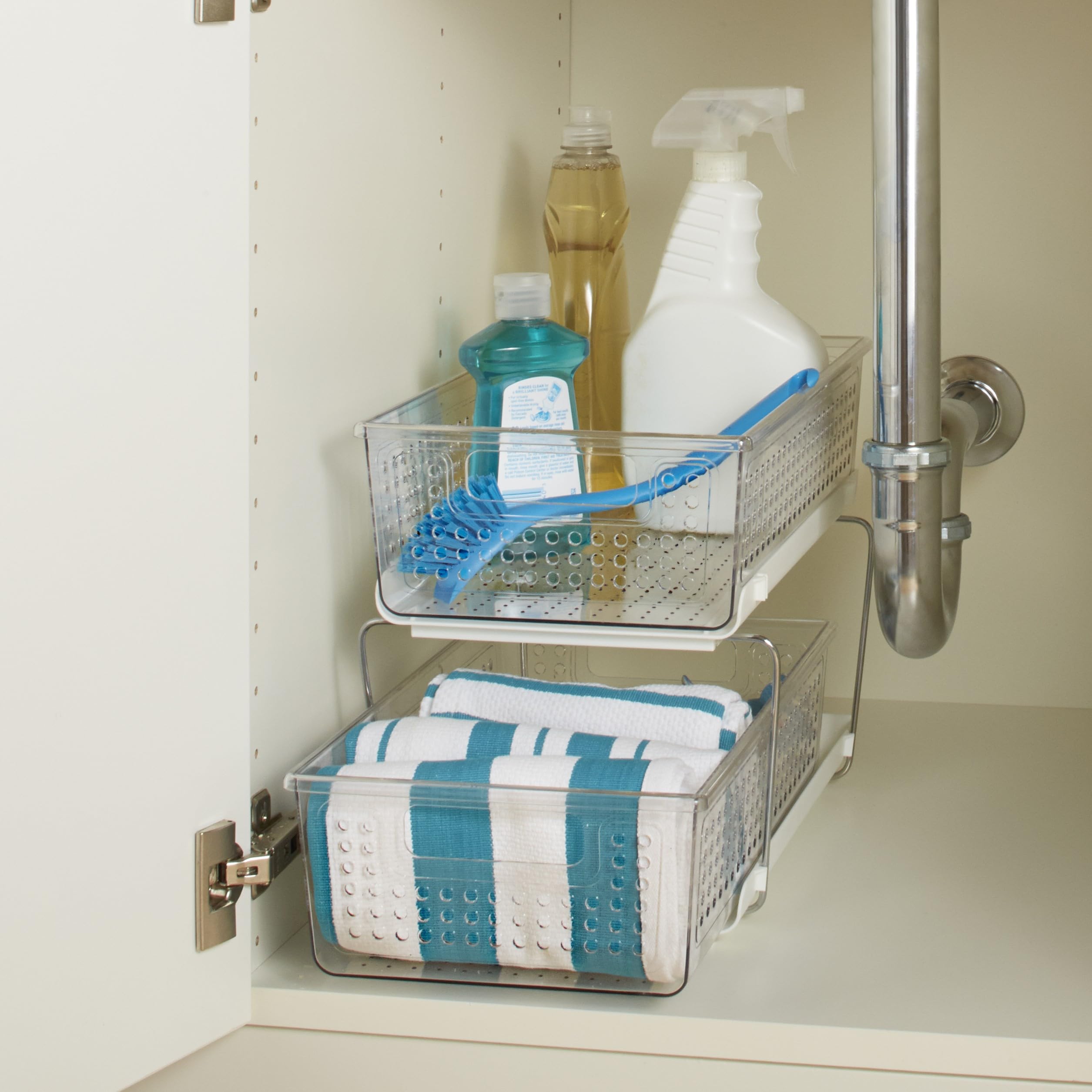 Madesmart 2-Tier Plastic Multipurpose Organizer with Divided Slide-Out Storage Bins  Under Sink and Cabinet Organizer Rack  Clear