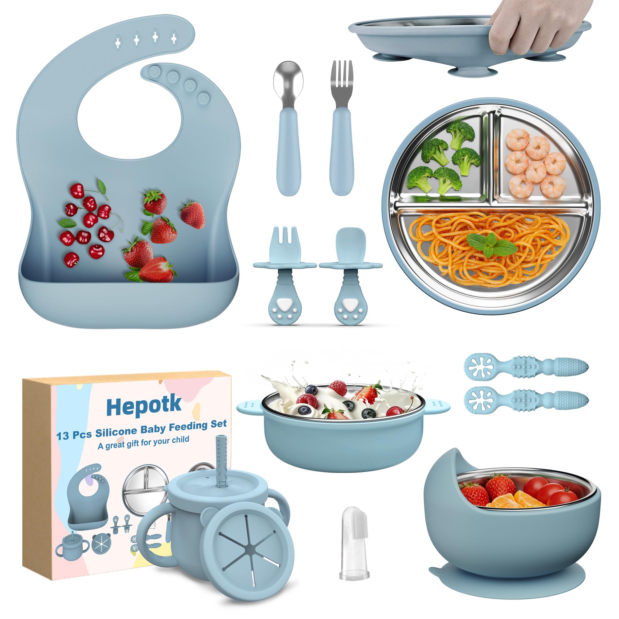 13 Pack Silicone Baby Feeding Set, BPA-Free Stainless Steel Toddler Feeding Supplies, Include Suction Plates, Baby Bowls, Silico