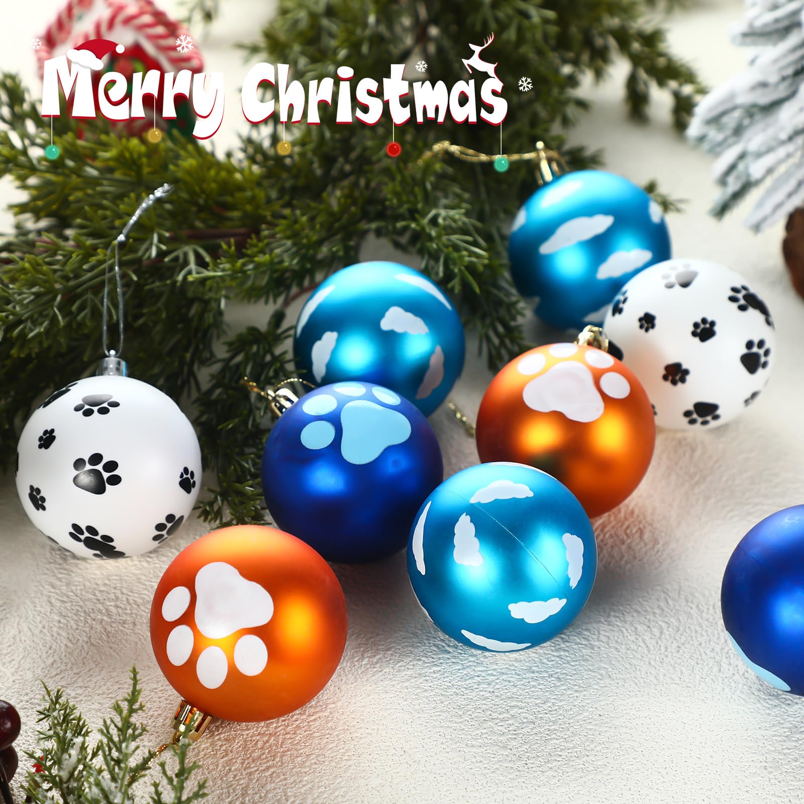 Hollowfly 24 Pcs Blue and Orange Christmas Dog Tree Ornaments 2.36 Inch Sky Cartoon Paw Clouds Christmas Ball Ornaments Set Plas