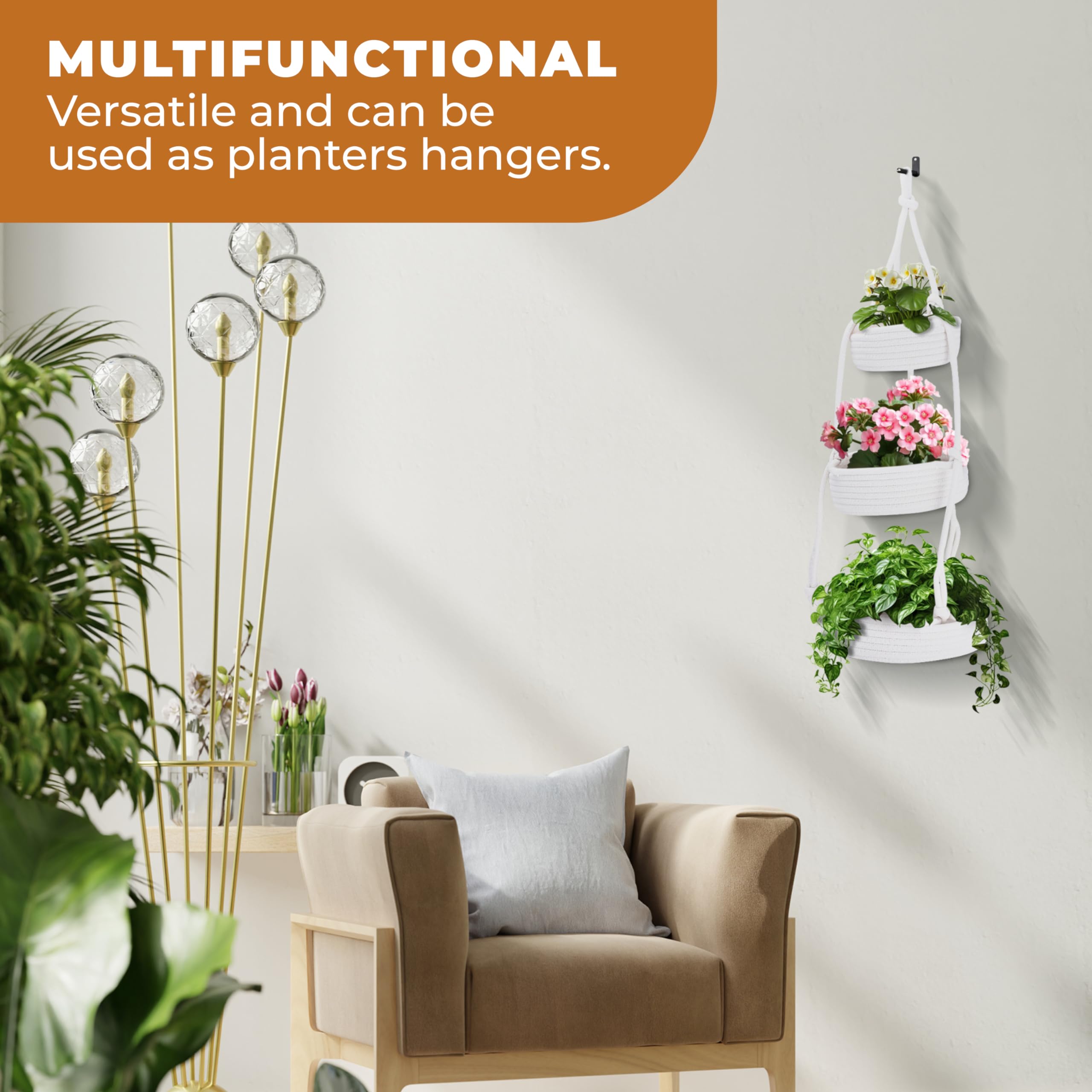 Regal Trunk Hanging Fruit Baskets For Kitchen - 3 Tiers Fruit Baskets Hanger - Macrame Fruit Hammock - White Boho Wall Decor - P