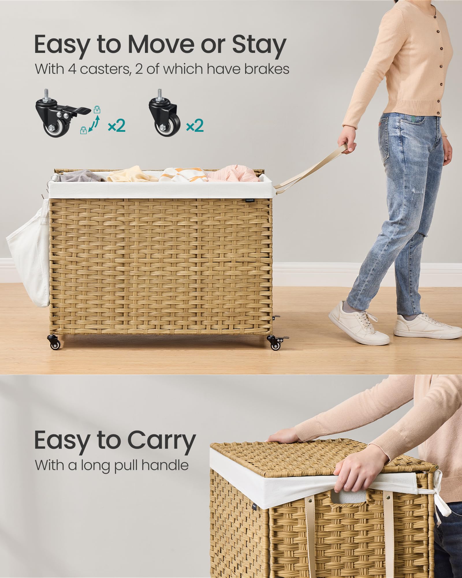 Songmics Laundry Hamper With Lid, 55.4 Gallons (210 L), Rolling Laundry Basket With Wheels, 4-Section Synthetic Rattan, Removabl