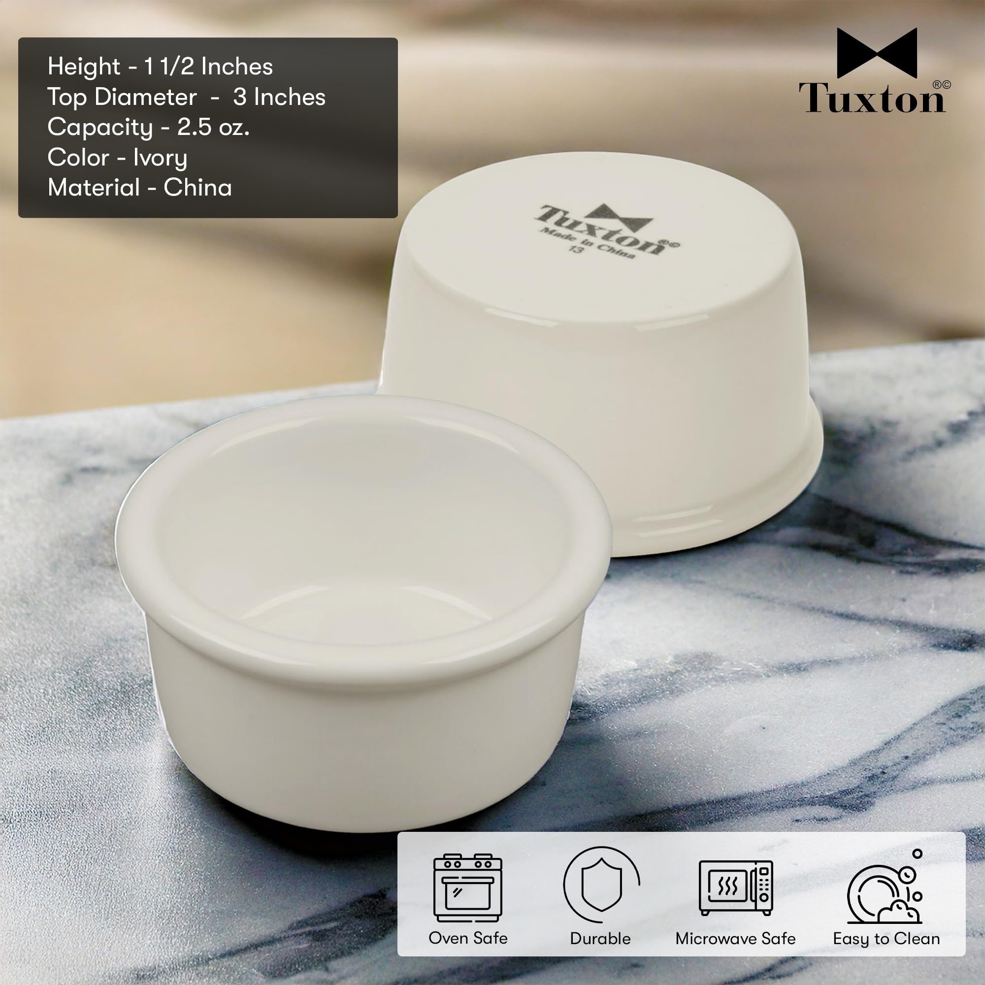 Tuxton China Bex-035 Ramekin, 3-1/2 Oz., 3-1/4'' Dia. X 1-5/8''H, Microwave & Dishwasher Safe, Oven Proof, Fully Vitrified, Lead