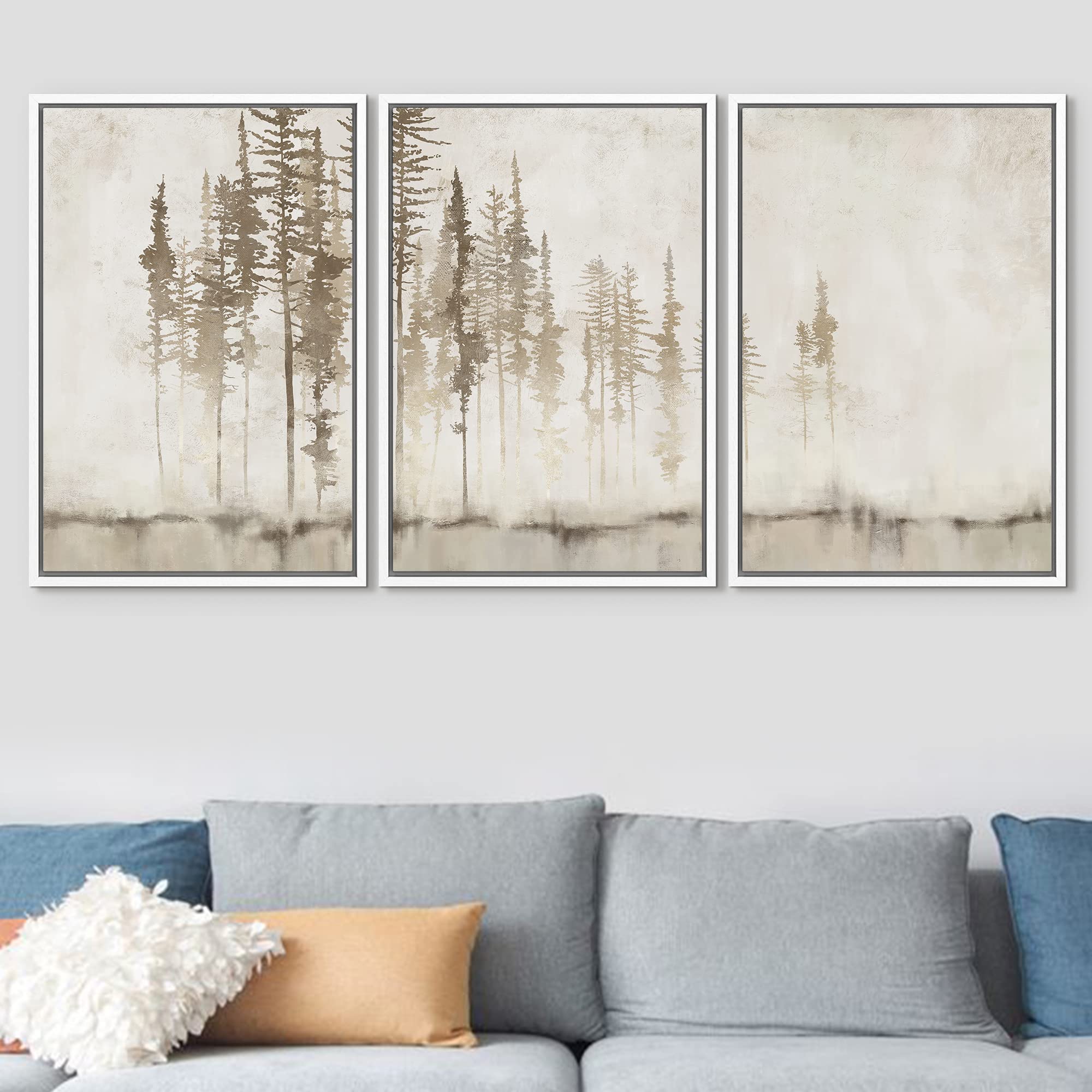 Signford Framed Canvas Print Wall Art Set Pastel Grunge Forest Tree Landscape Abstract Shapes Illustration Modern Art Decorative