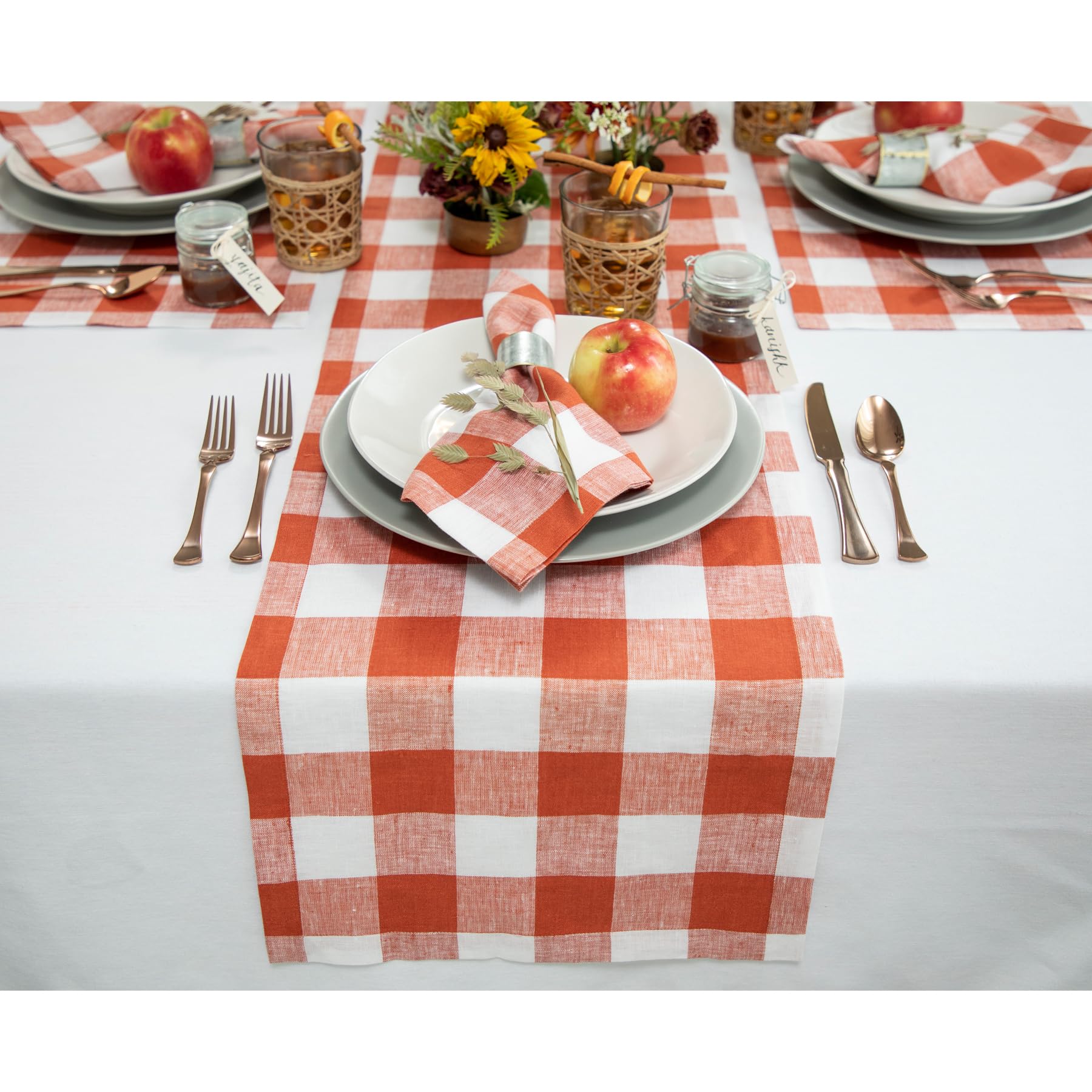 Solino Home Linen Check Table Runner 90 Inches Long - 100% Pure Linen Cinnamon And White Buffalo Plaid Table Runner 14 X 90 Inch