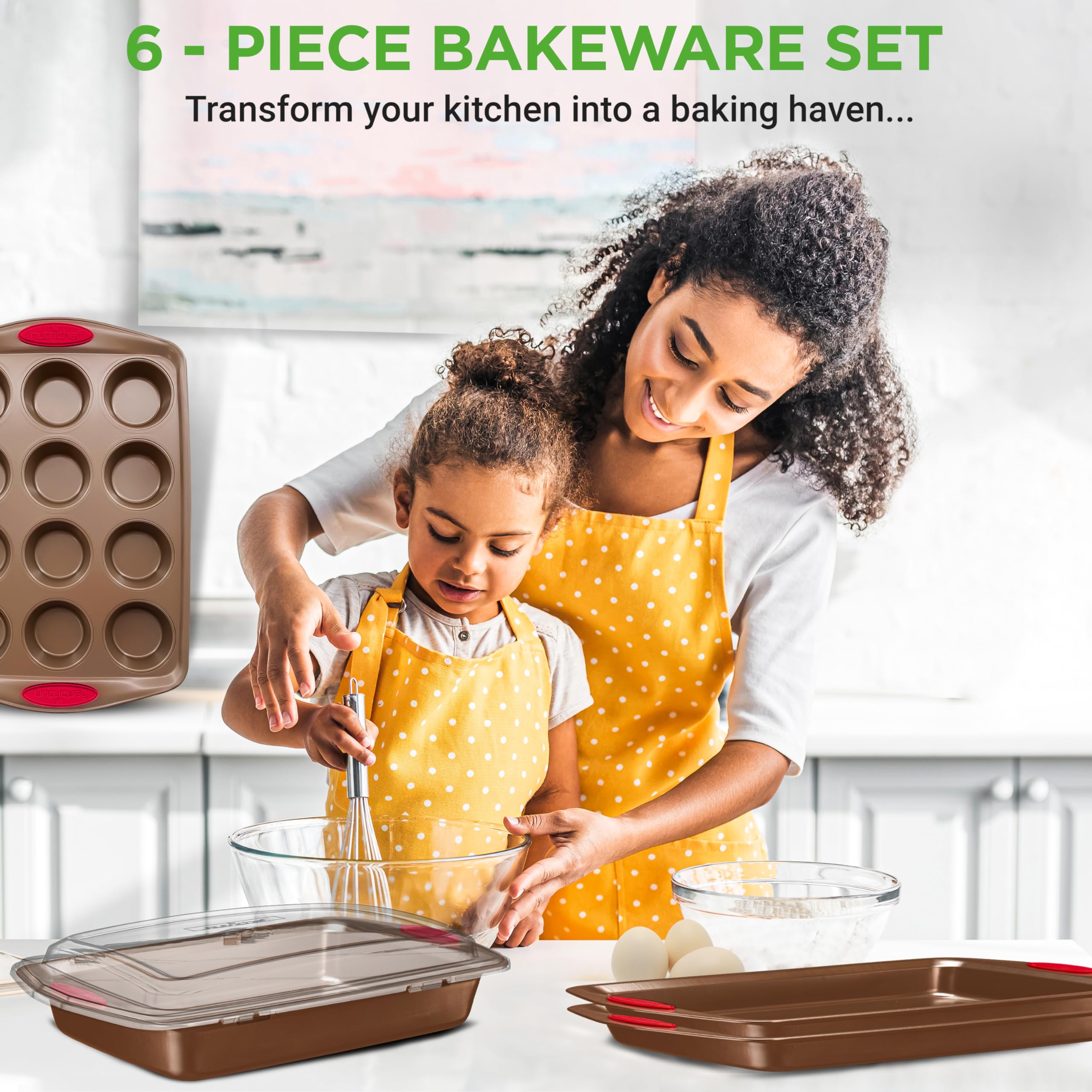 Nutrichef 5-Piece Nonstick Baking Pan Set - Premium Steel Bakeware W/Silicone Handles - Includes 2 Baking Sheets, 12-Cup Muffin
