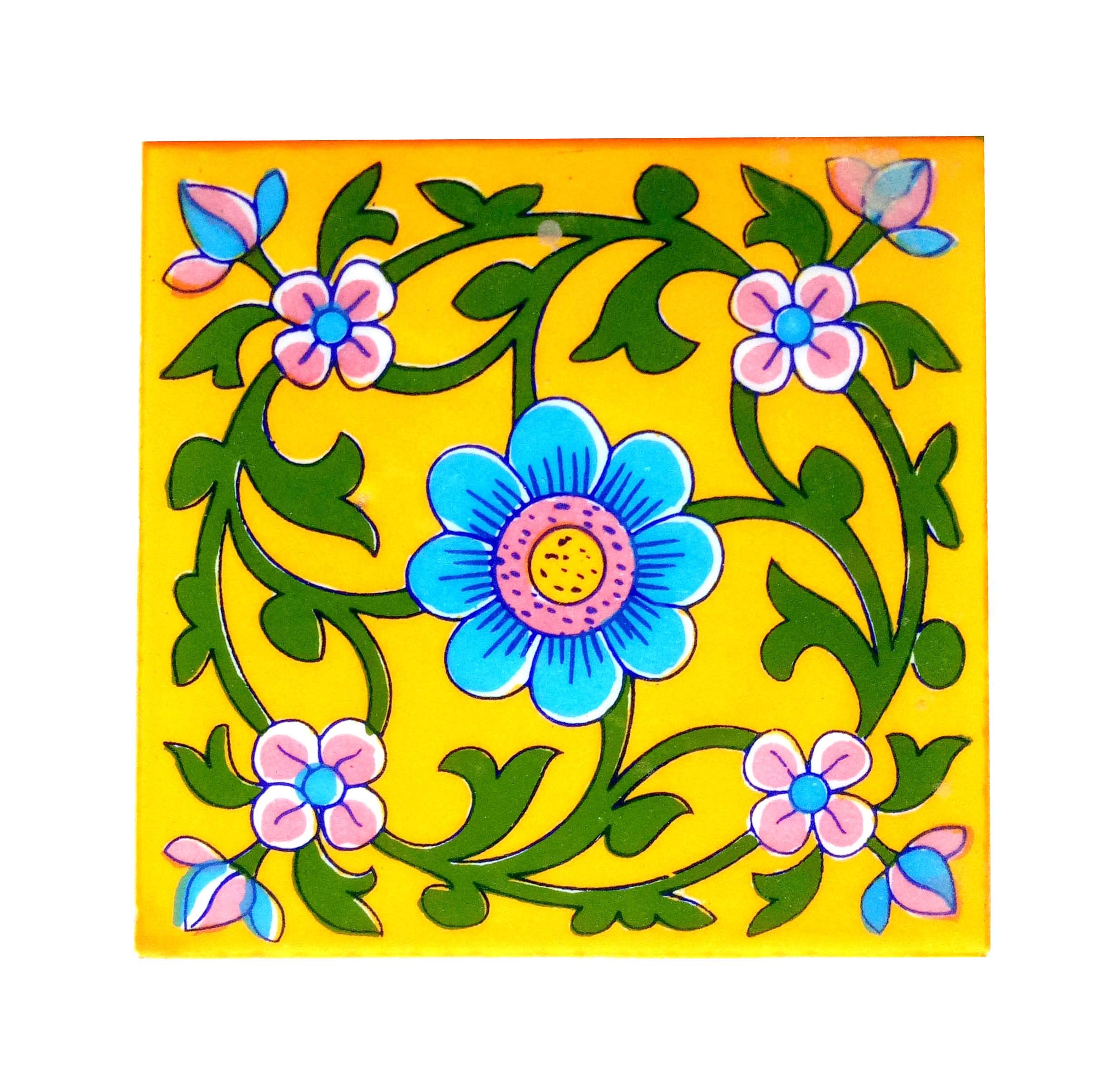 Shivkripa Blue Art Pottery Ceramic Decorative Handmade Tiles (15 X 15 X 0.5 Cm, Multicolour) - Pack Of 6