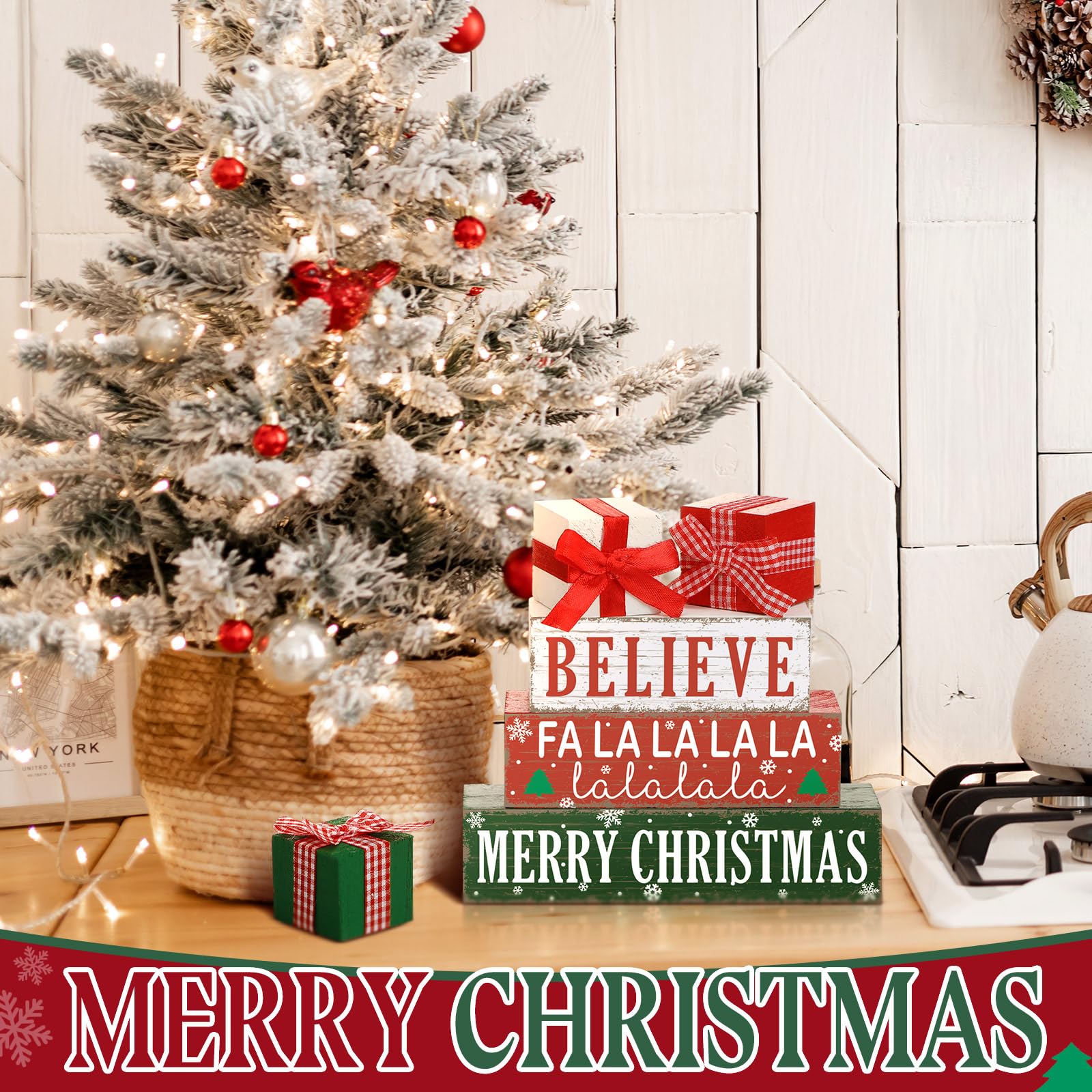 Geelin 4 Pieces Merry Christmas Wooden Table Decorations Xmas Wood Gift Boxes Decor Rustic Christmas Tiered Tray Decor Xmas Beli