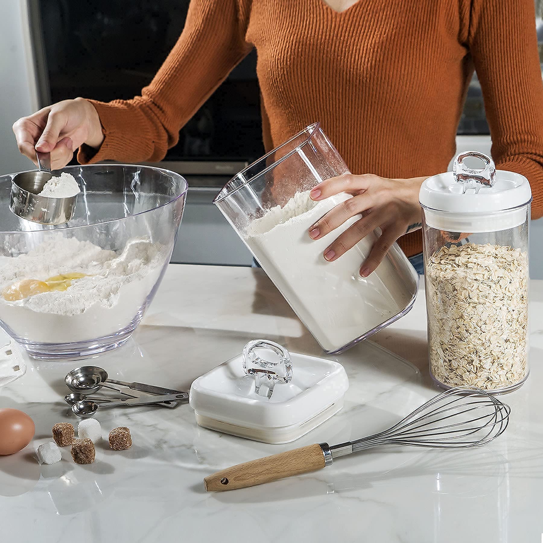 Felli Flip Tite Food Storage Container with Scoop & Lid 5 LARGE Airtight Ring Top, Acrylic Canister for Sugar Flour Baking Powde