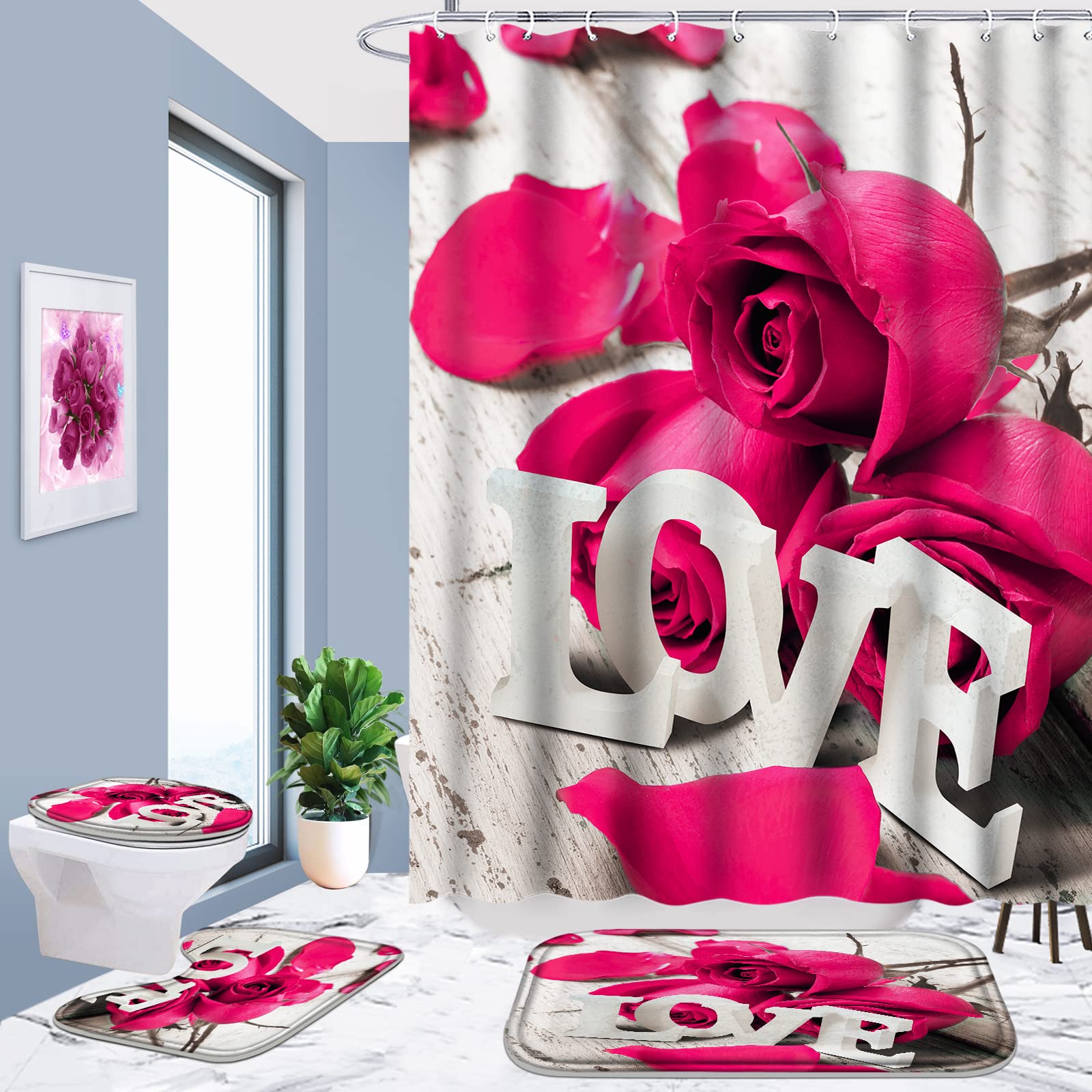 Poedist 4 Pcs Bathroom Shower Curtain Set, Pink Rose Shower Curtain Valentine'S Day Shower Curtain Sets With Rugs(Bath Mat,U Sha