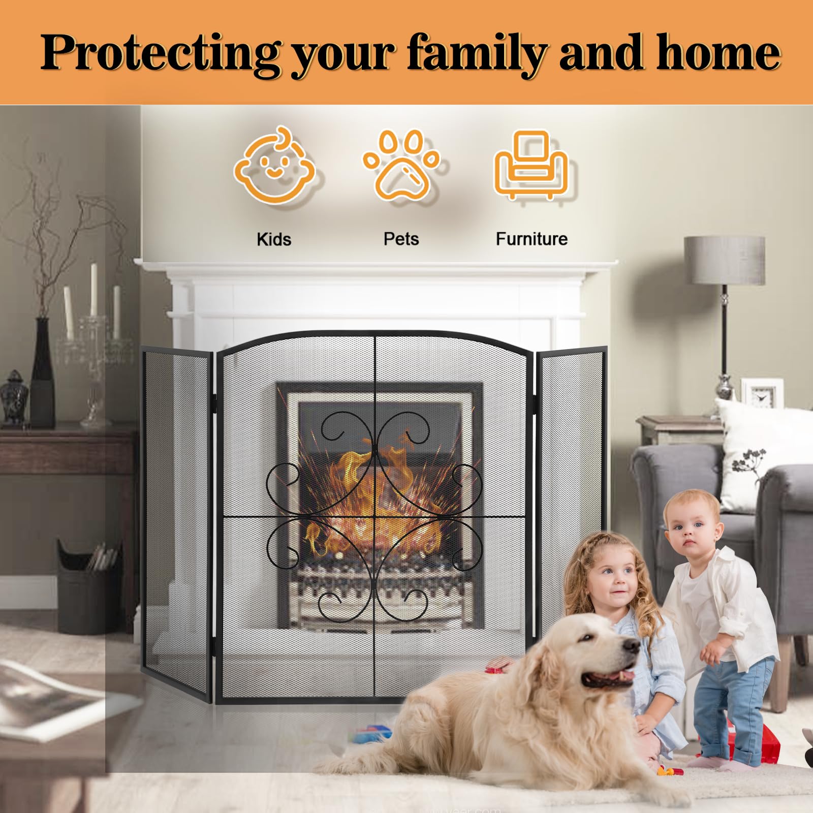 Gtongoko 3 Panel Fireplace Screen 48'' W X 29'' H Wrought Iron Decorative Fire Spark Guard Grate For Living Room Home Decor - Bl