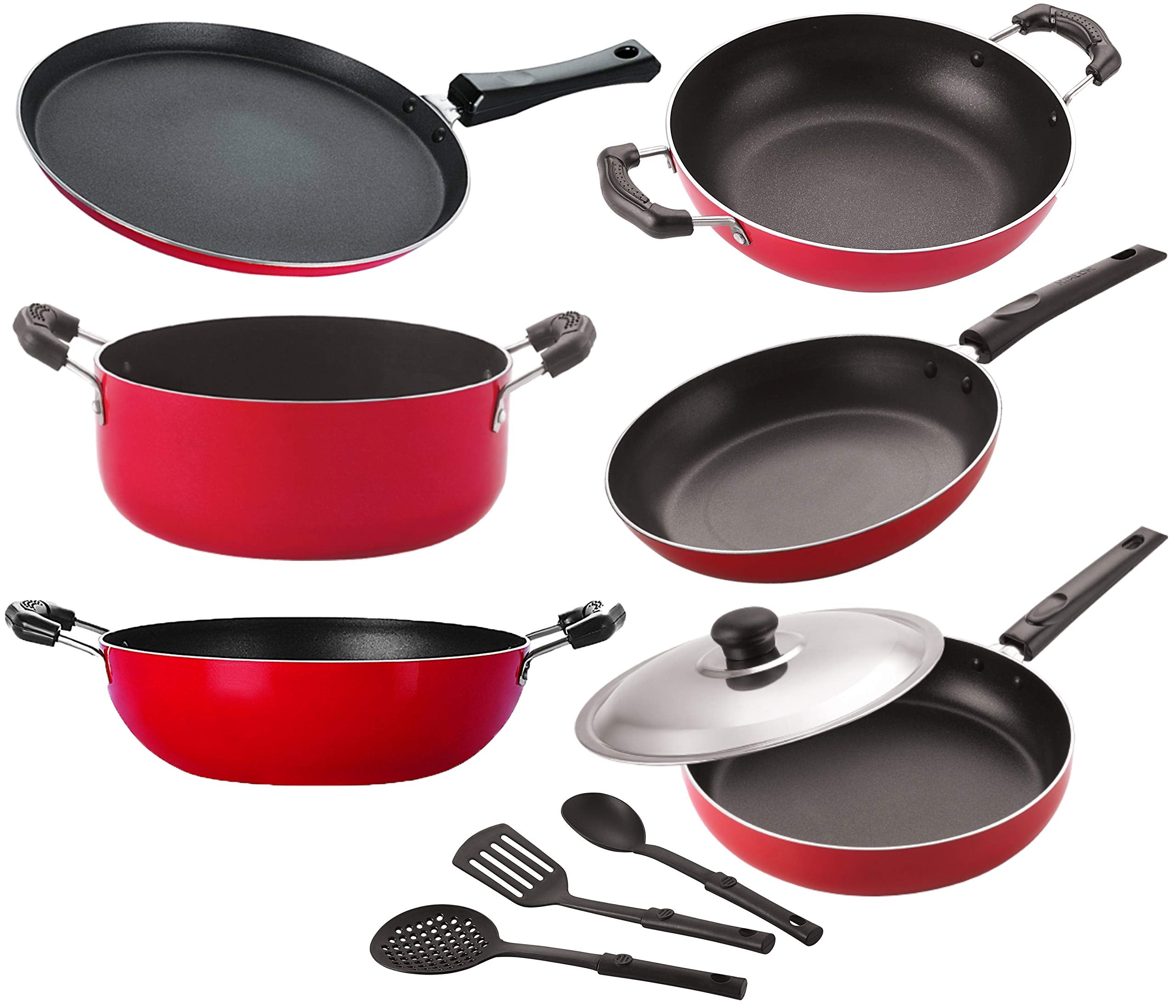 Nirlon NonStick Cookware Kitchen Cooking Essential Combo Set Of 9 Pieces |26_Kd12_Kd14_Tp_Ft11_Cass20_Fp12_3Spn